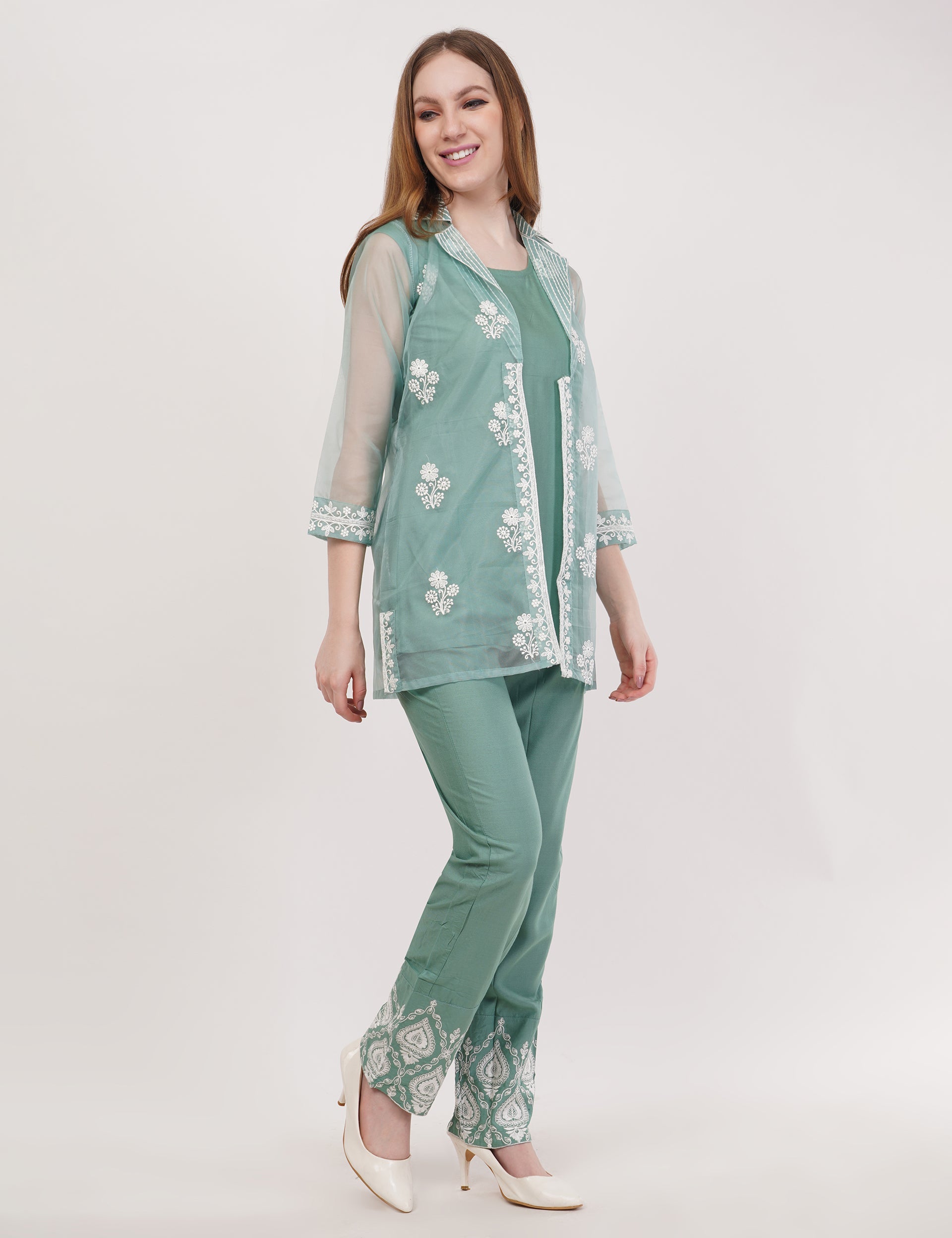 Green Embroidered Organza Co-Ord Set - Set Of 3