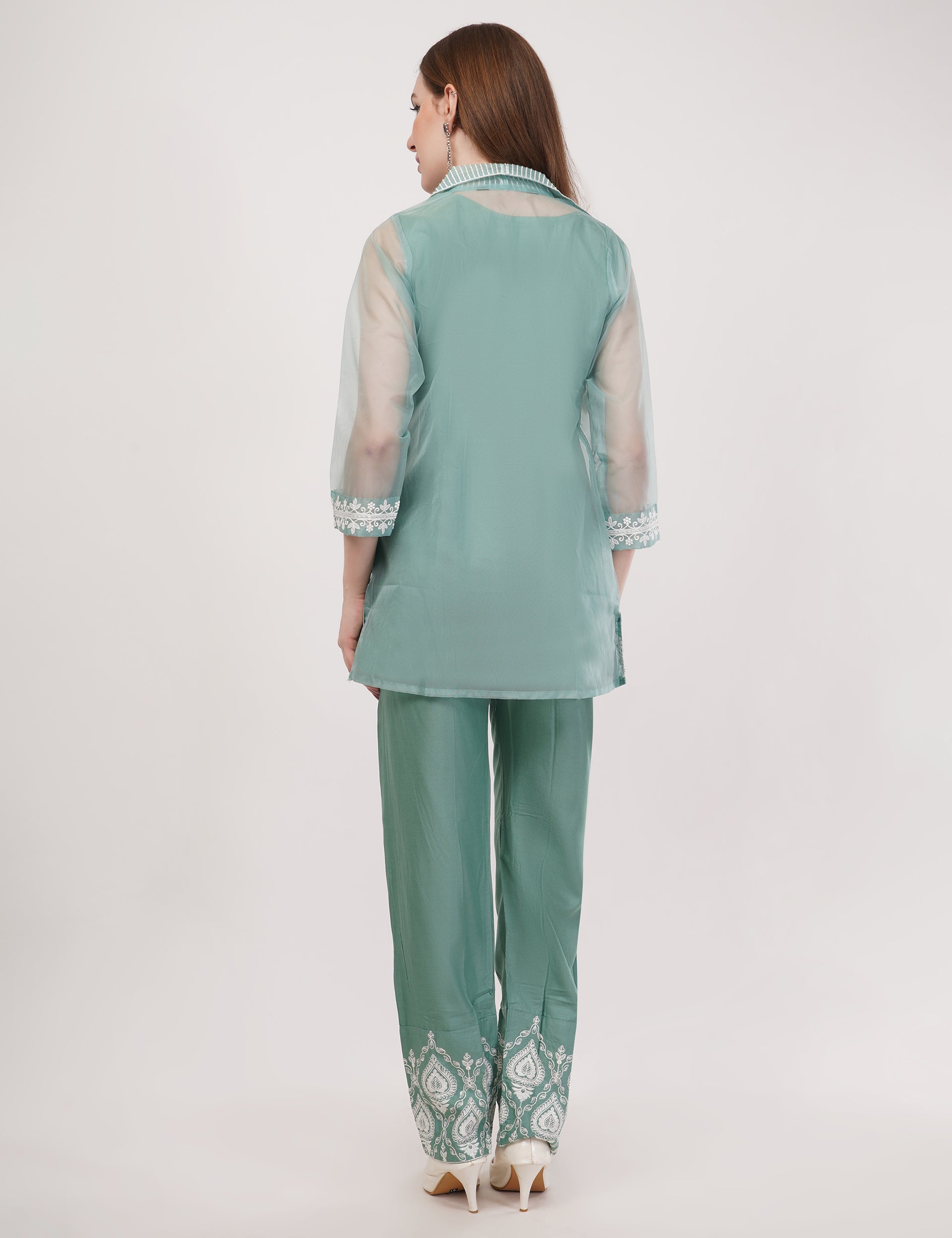 Green Embroidered Organza Co-Ord Set - Set Of 3