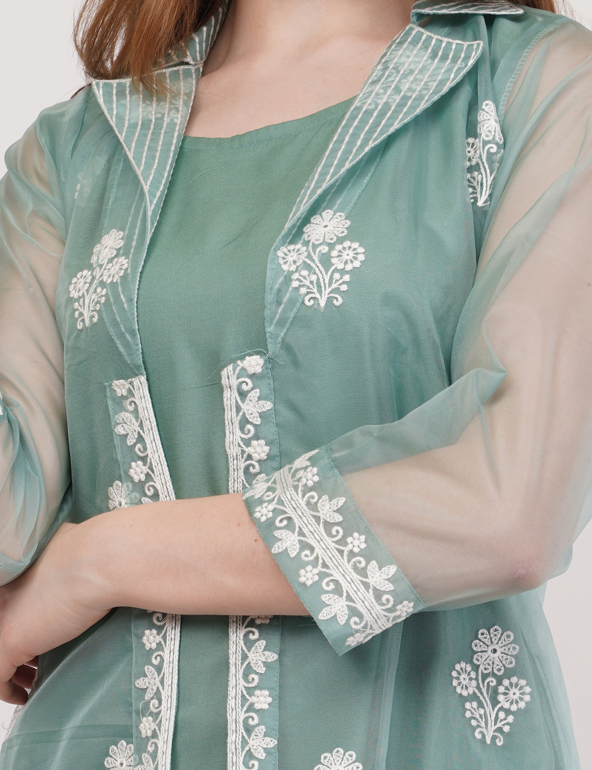 Green Embroidered Organza Co-Ord Set - Set Of 3