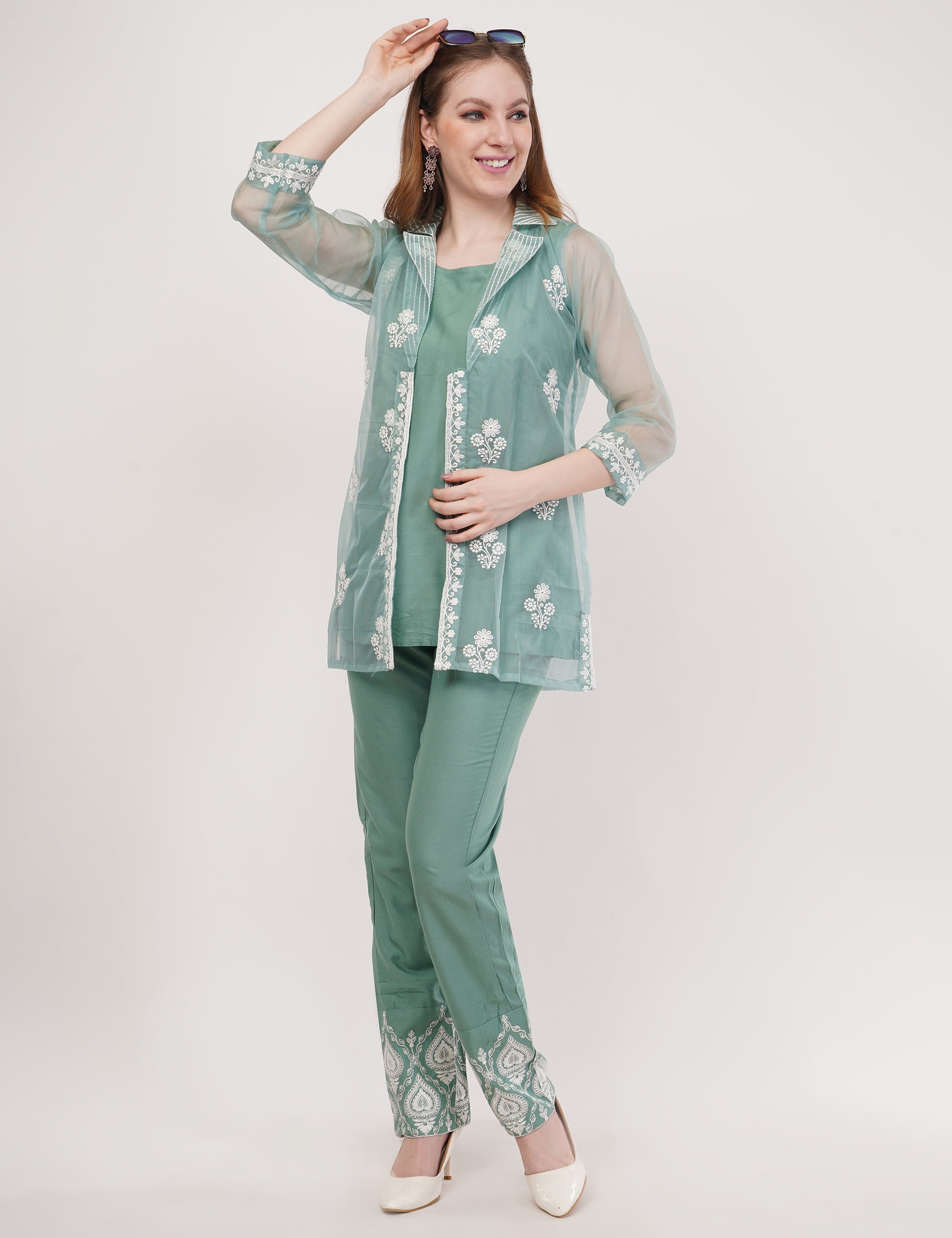 Green Embroidered Organza Co-Ord Set - Set Of 3