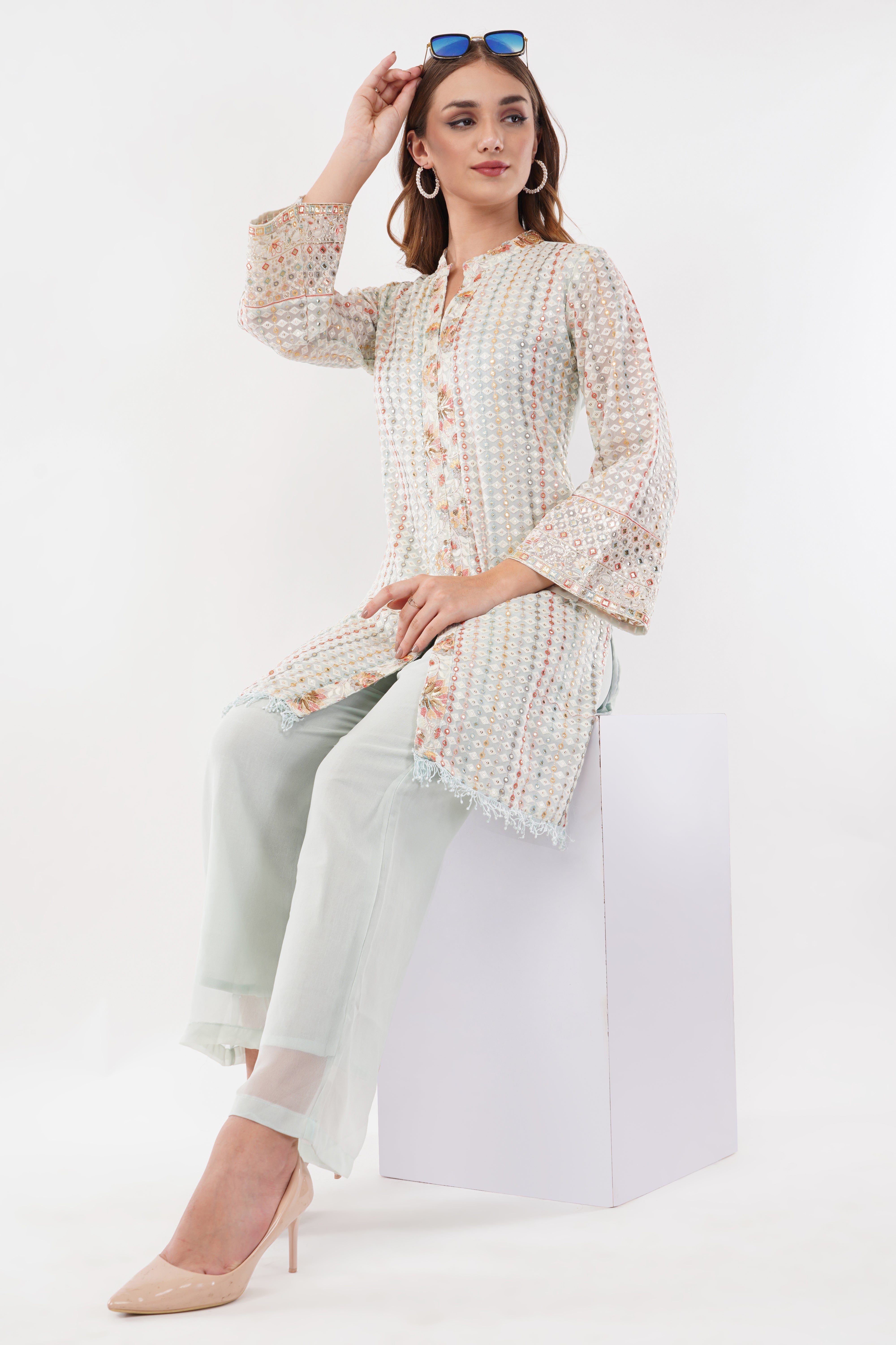 Light Blue Georgette Embroidered Pastel Co-Ord Set - Set Of 2