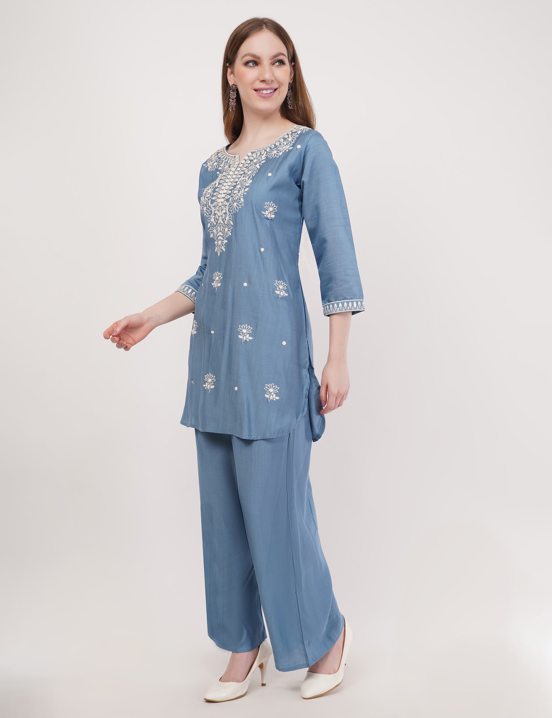 Light Blue Ethnic Co-Ord Set With White Embroidery - Set Of 2