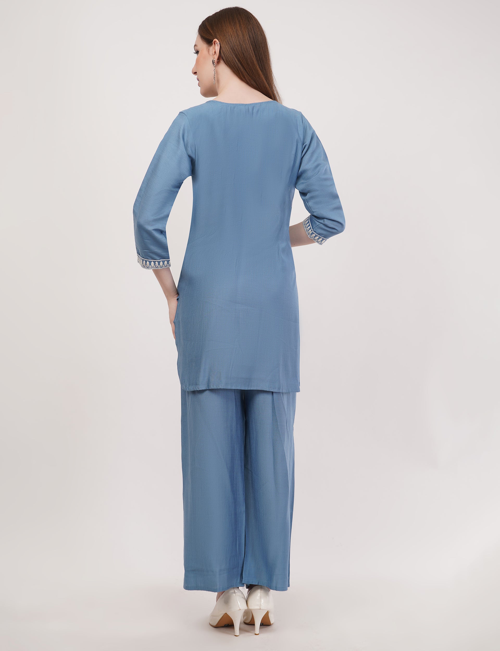 Light Blue Ethnic Co-Ord Set With White Embroidery - Set Of 2