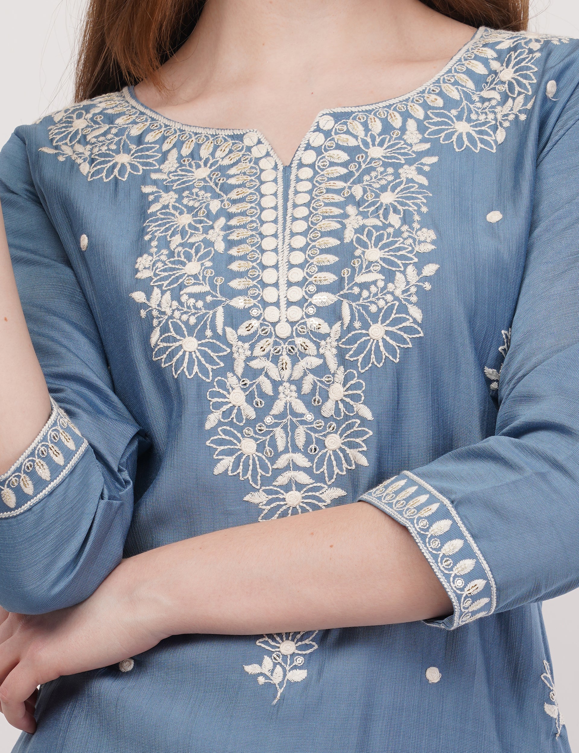 Light Blue Ethnic Co-Ord Set With White Embroidery - Set Of 2