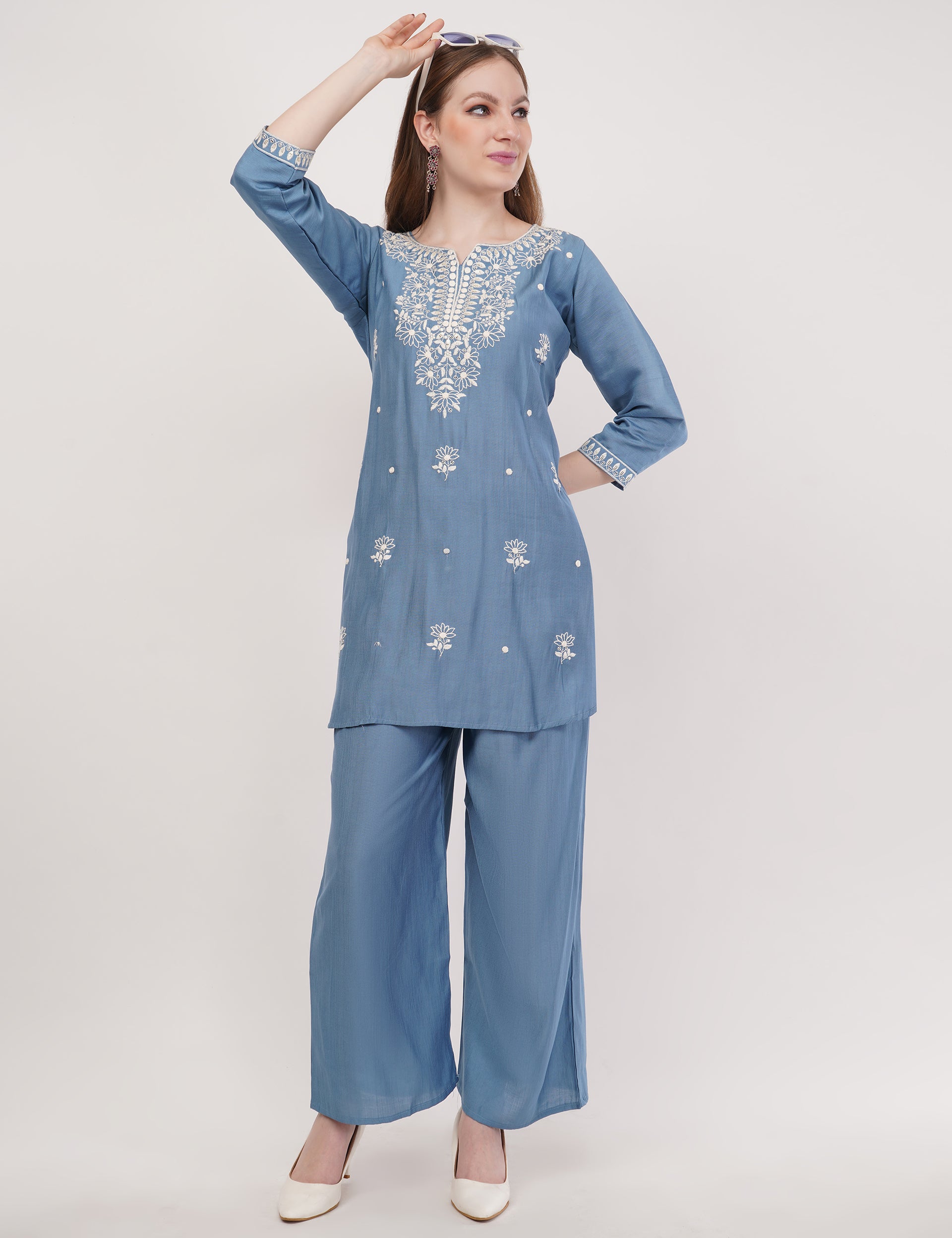 Light Blue Ethnic Co-Ord Set With White Embroidery - Set Of 2