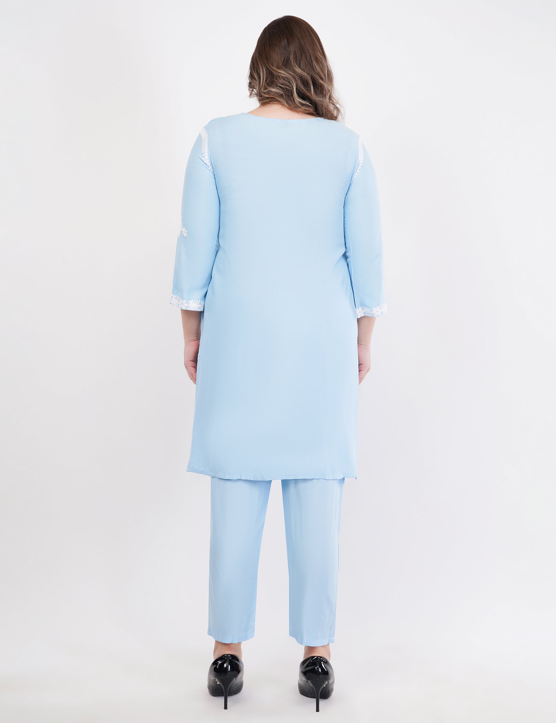 Light Blue Ethnic Kurti Co-Ord Set With White Embroidery - Set Of 2