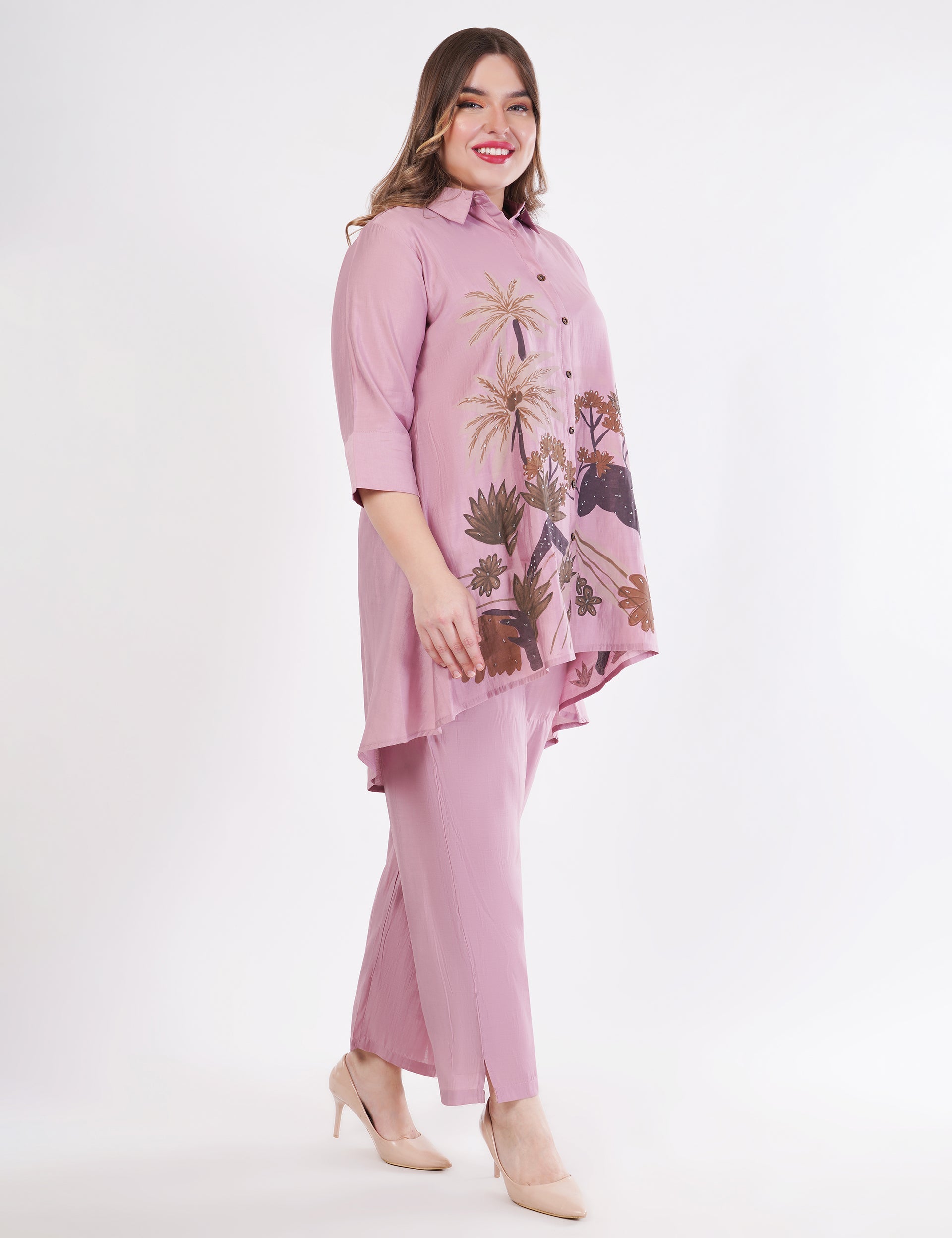 Light Pink Roman Silk Embroidered Shirt Co-Ord Set With Asymmetric Hem - Set Of 2