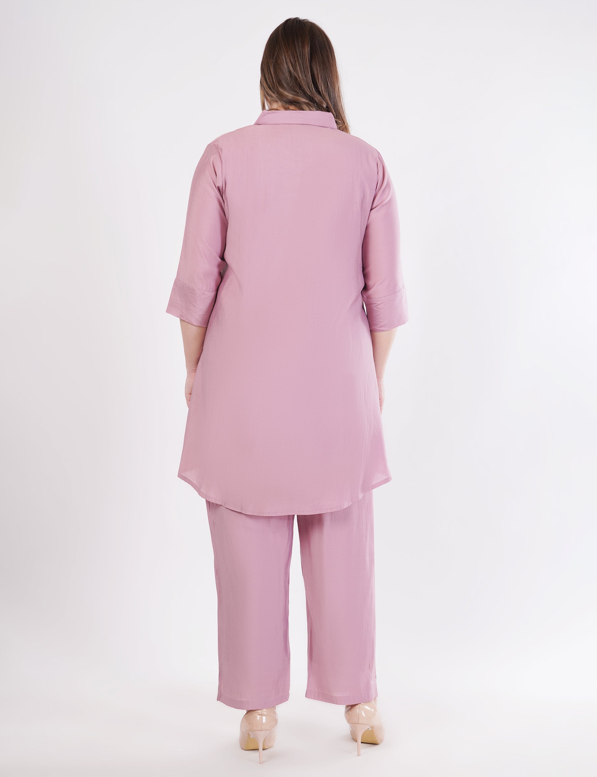 Light Pink Roman Silk Embroidered Shirt Co-Ord Set With Asymmetric Hem - Set Of 2