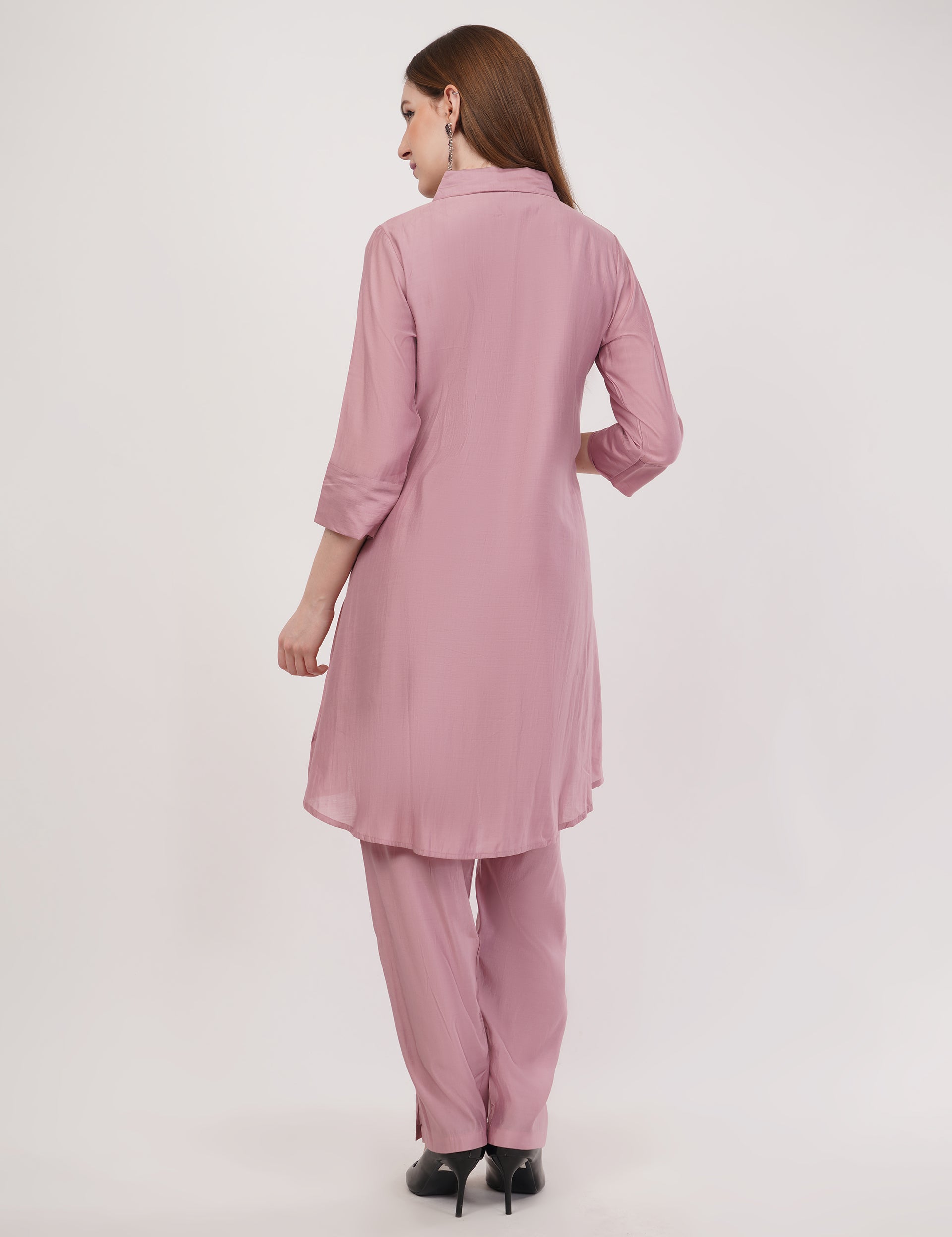 Light Pink Roman Silk Embroidered Shirt Co-Ord Set With Asymmetric Hem - Set Of 2