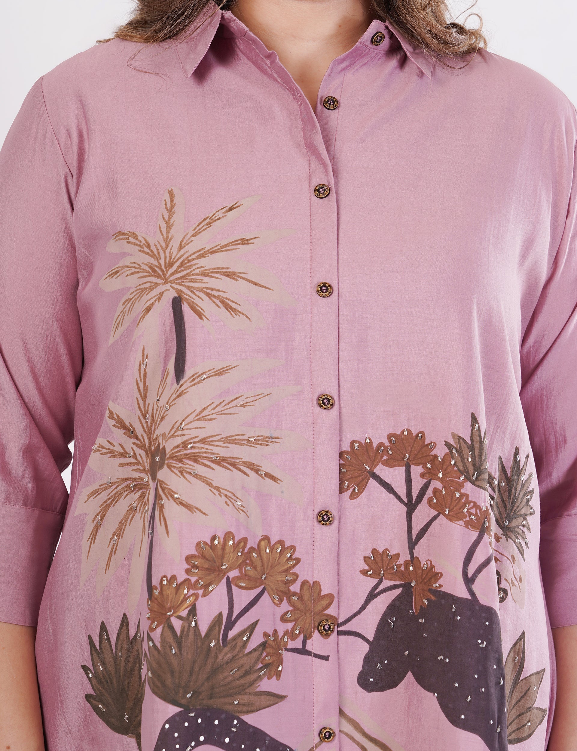 Light Pink Roman Silk Embroidered Shirt Co-Ord Set With Asymmetric Hem - Set Of 2