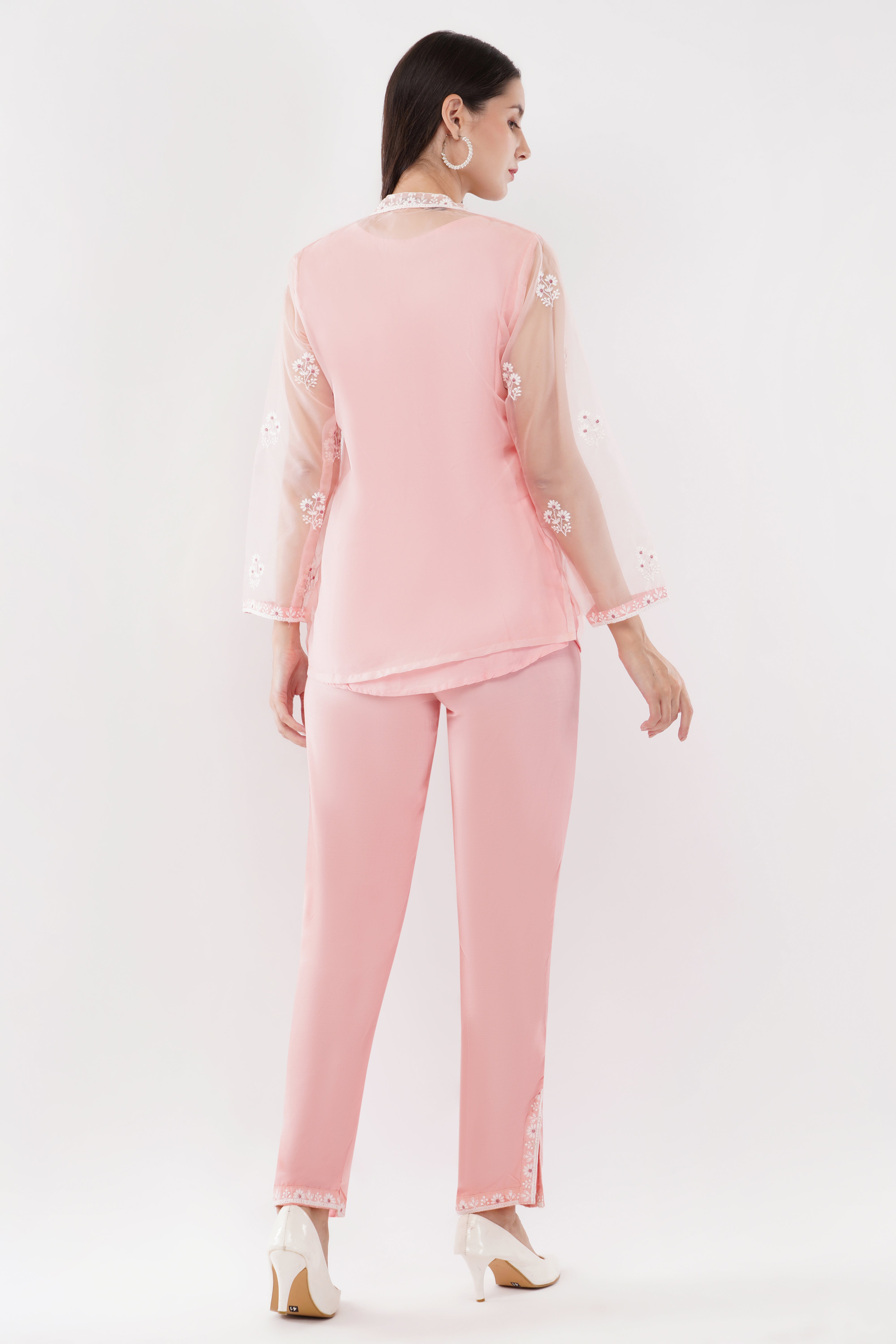 Light Pink Embroidered Organza Co-Ord Set - Set Of 3