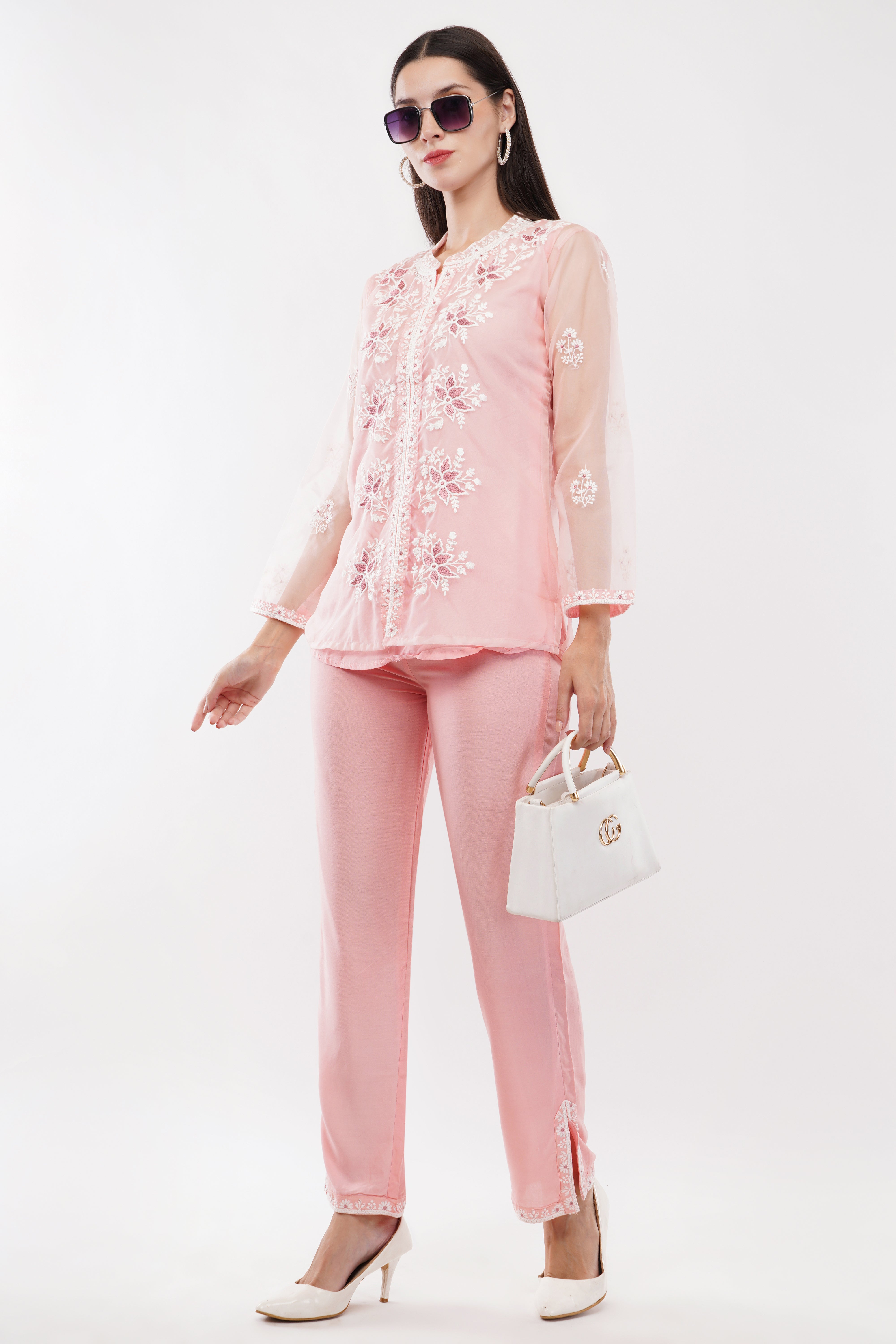 Light Pink Embroidered Organza Co-Ord Set - Set Of 3