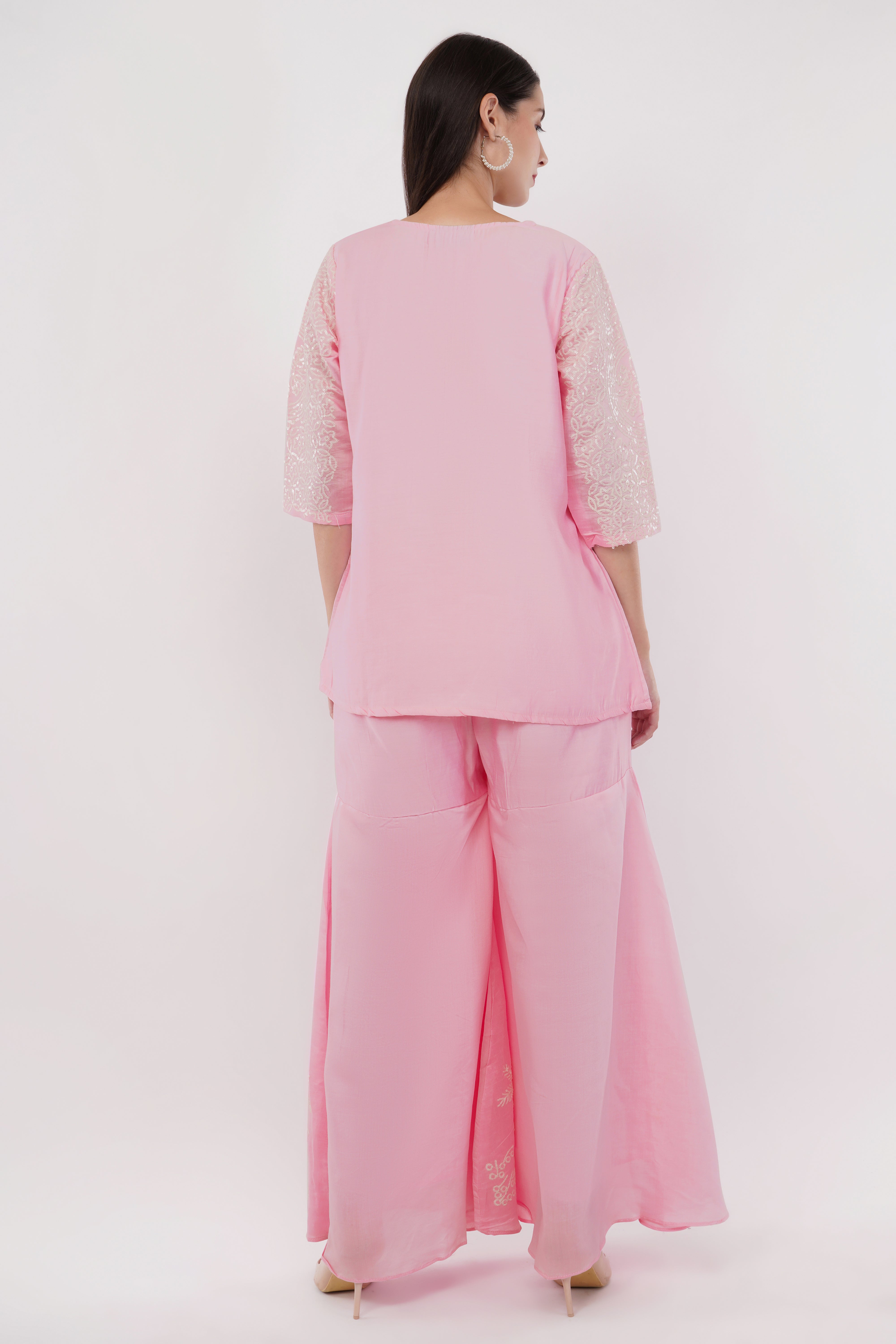 Light Pink Embroidered Co-Ord Set With Contrasting Work - Set Of 2