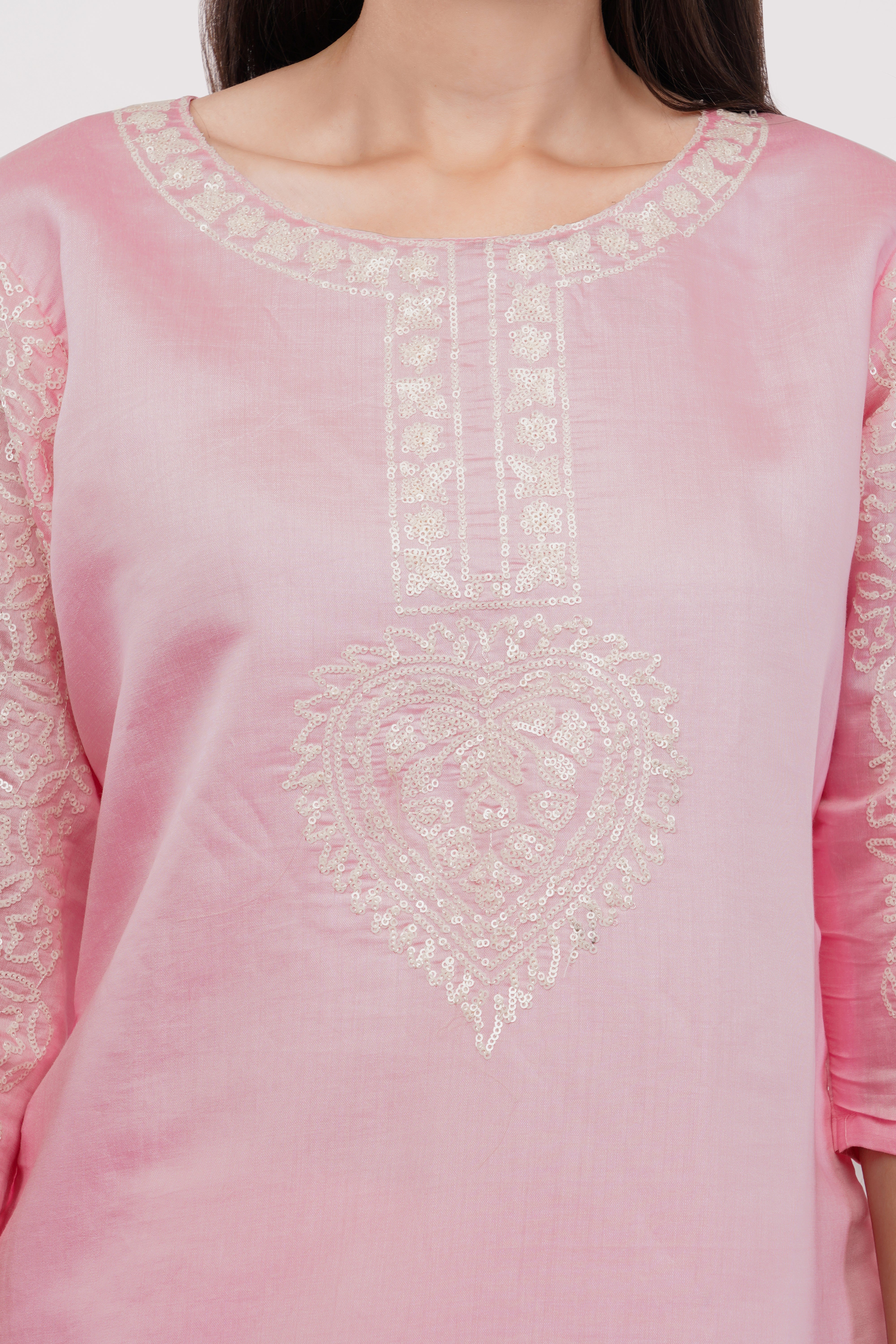 Light Pink Embroidered Co-Ord Set With Contrasting Work - Set Of 2