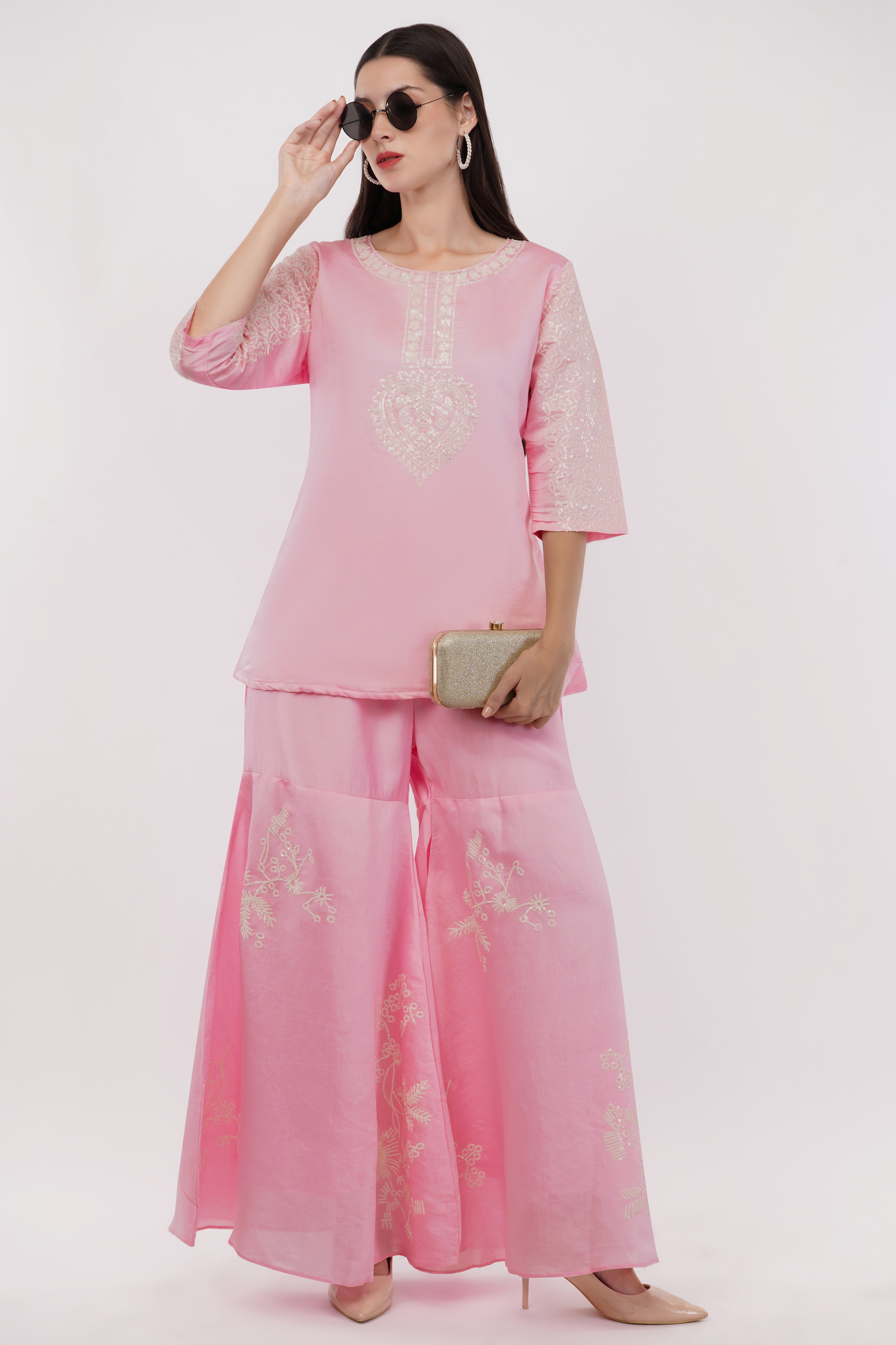 Light Pink Embroidered Co-Ord Set With Contrasting Work - Set Of 2