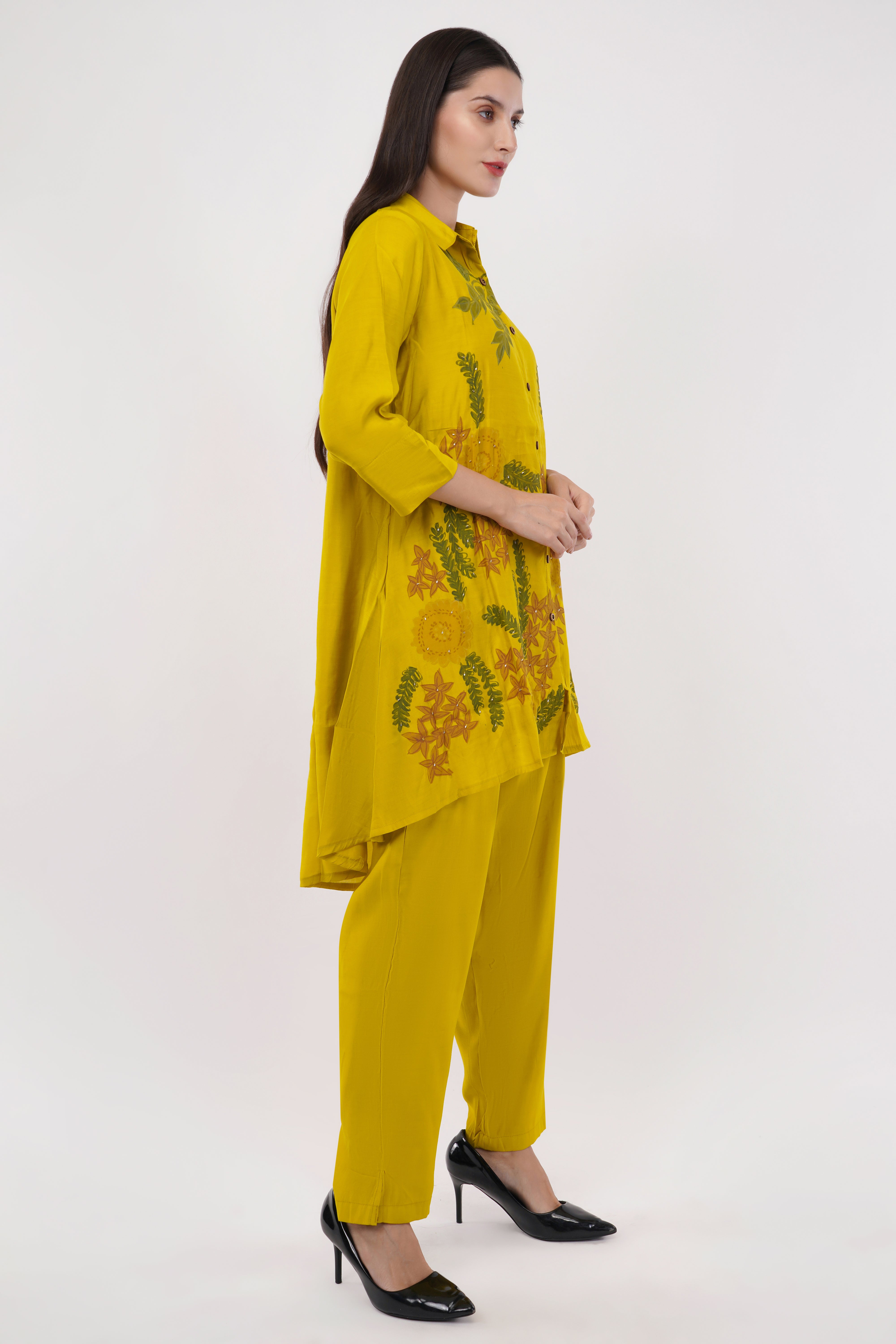 Mustard Roman Silk Embroidered Shirt Co-Ord Set With Asymmetric Hem - Set Of 2