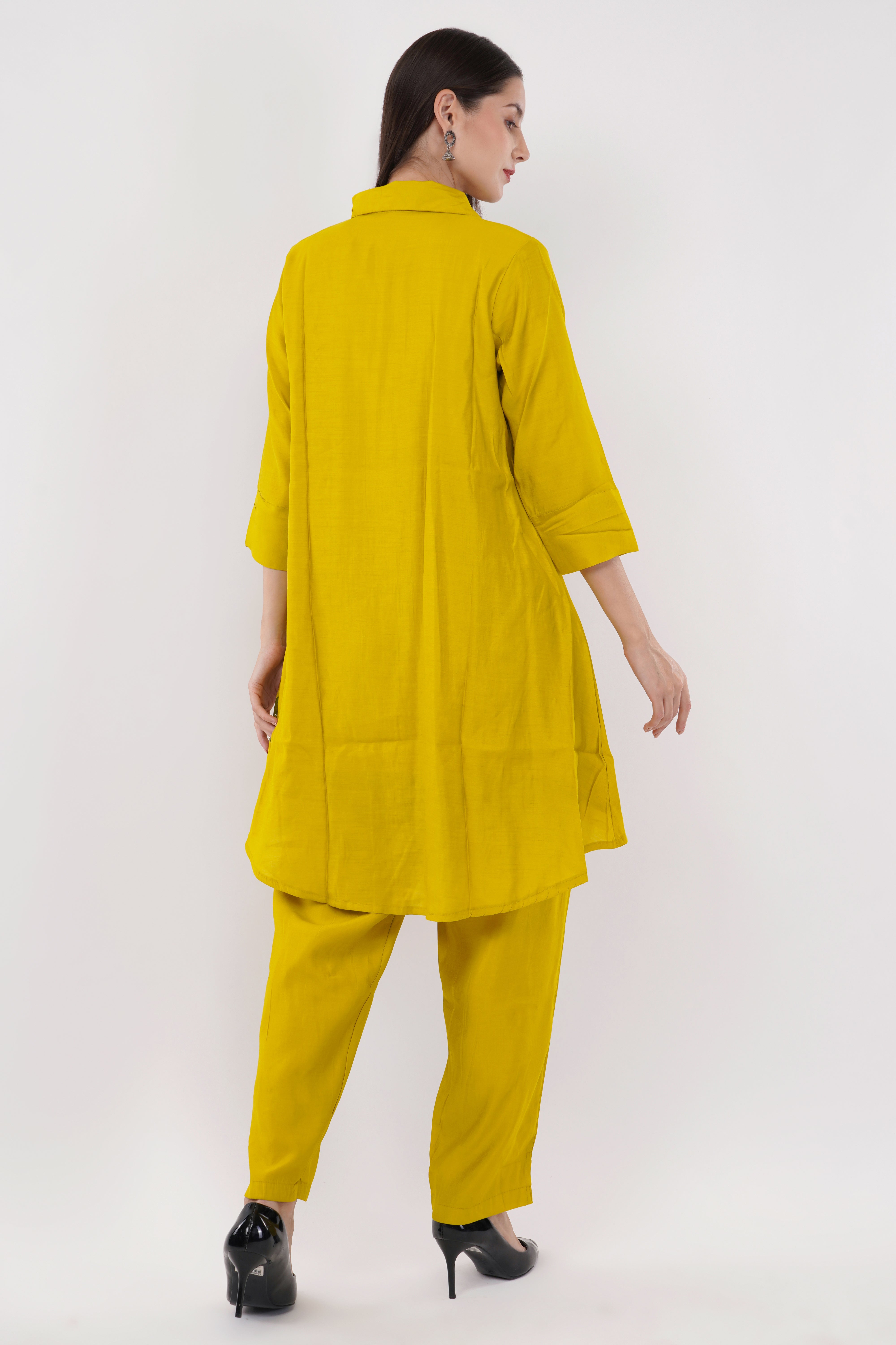 Mustard Roman Silk Embroidered Shirt Co-Ord Set With Asymmetric Hem - Set Of 2