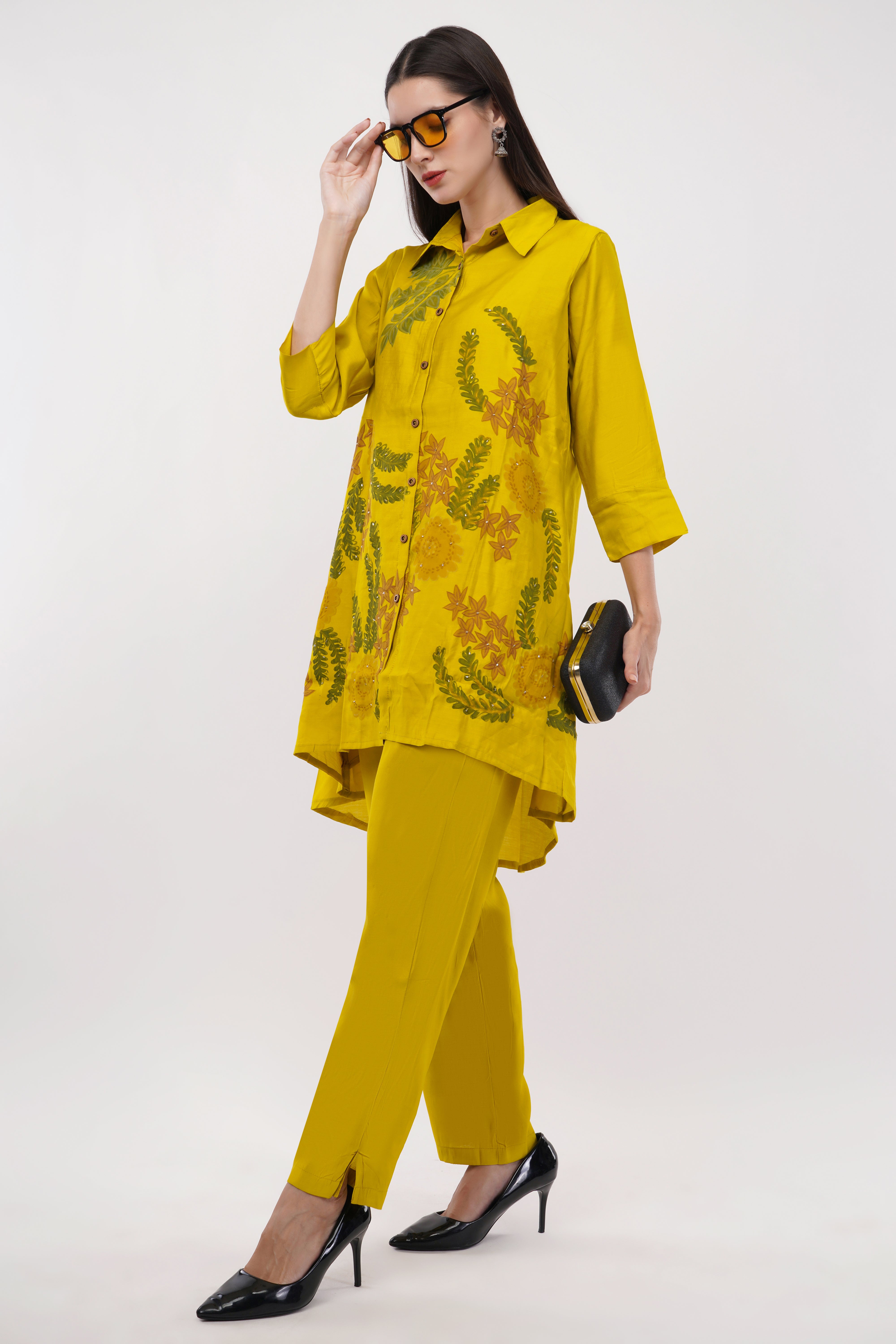 Mustard Roman Silk Embroidered Shirt Co-Ord Set With Asymmetric Hem - Set Of 2