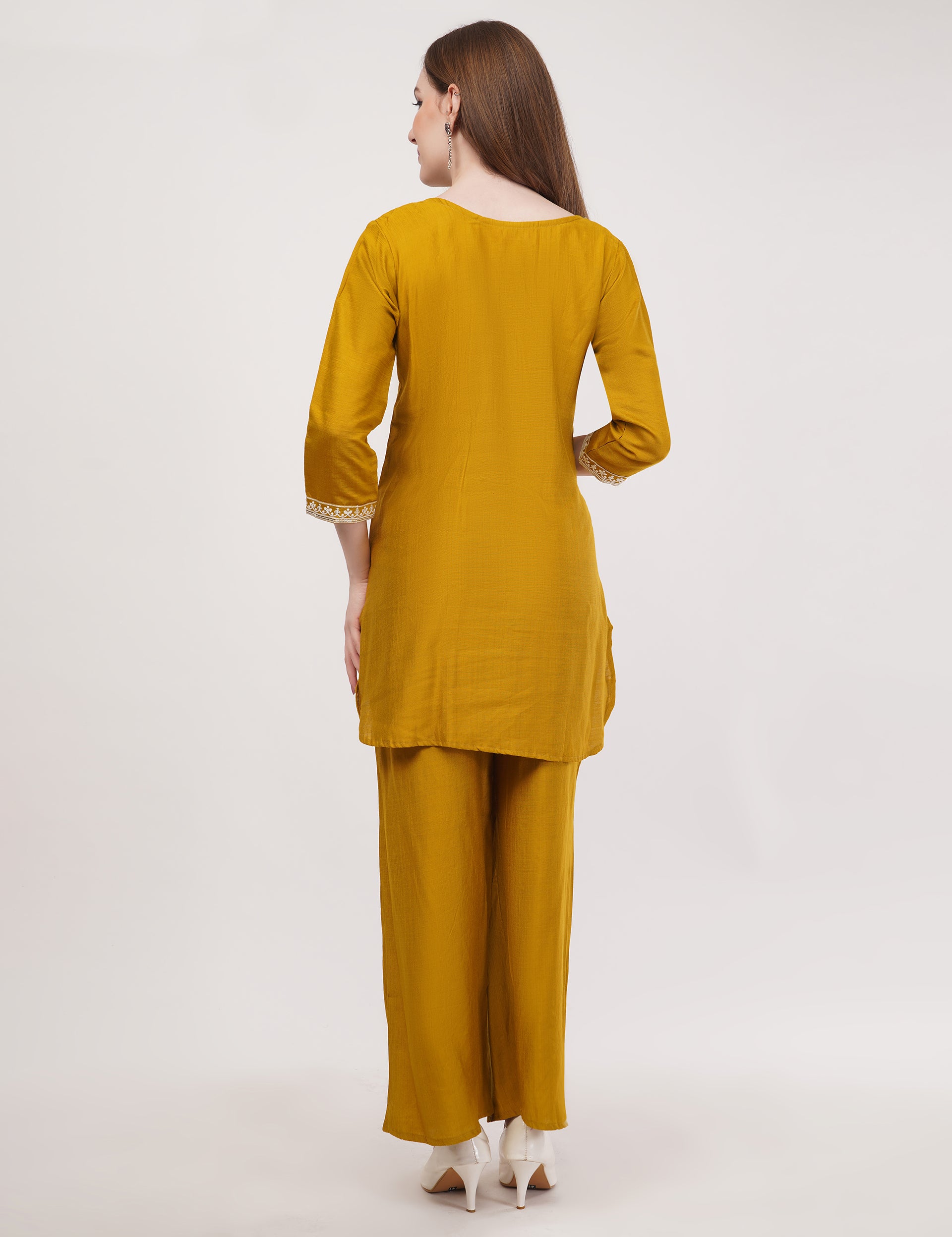 Mustard Ethnic Co-Ord Set With White Embroidery - Set Of 2