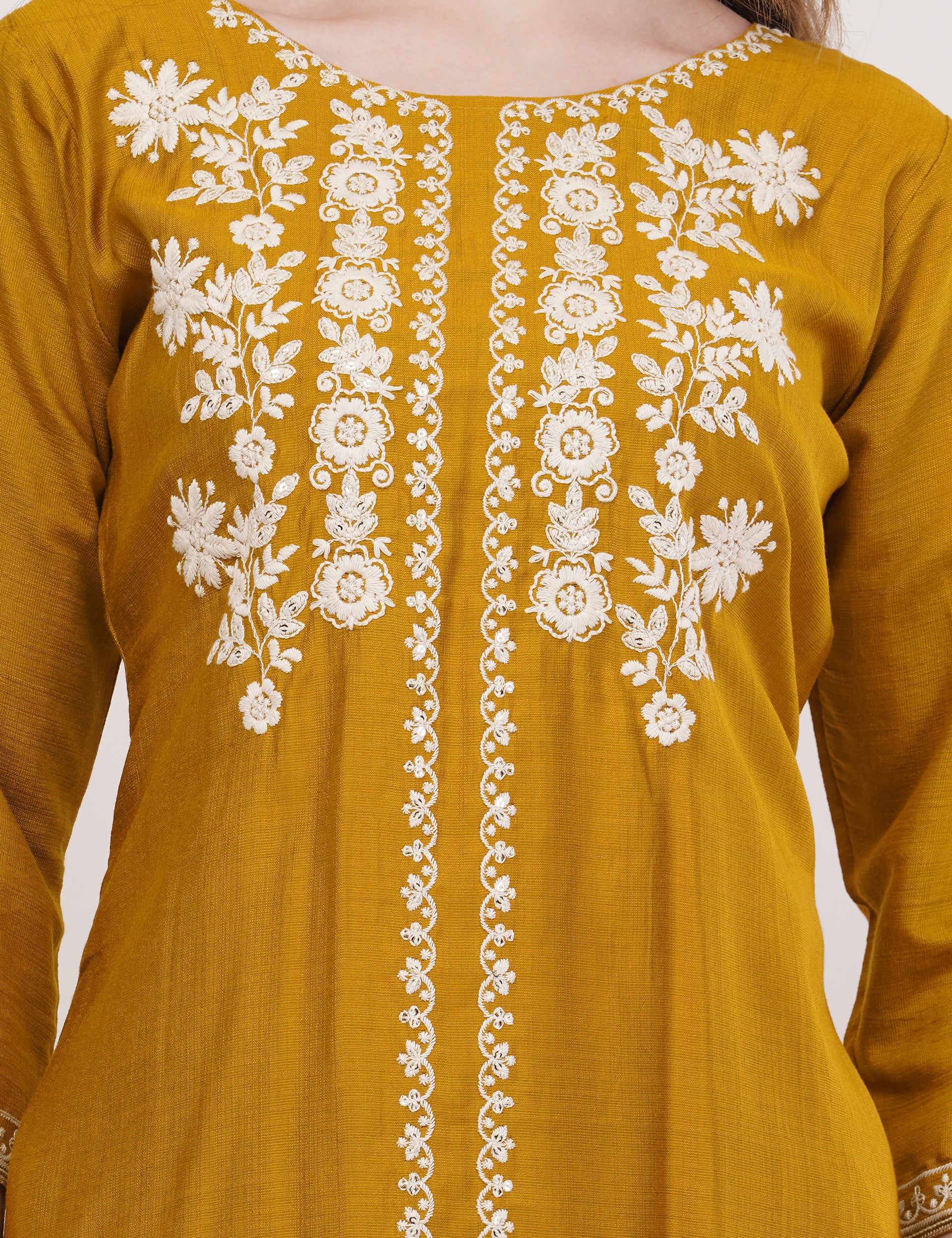 Mustard Ethnic Co-Ord Set With White Embroidery - Set Of 2