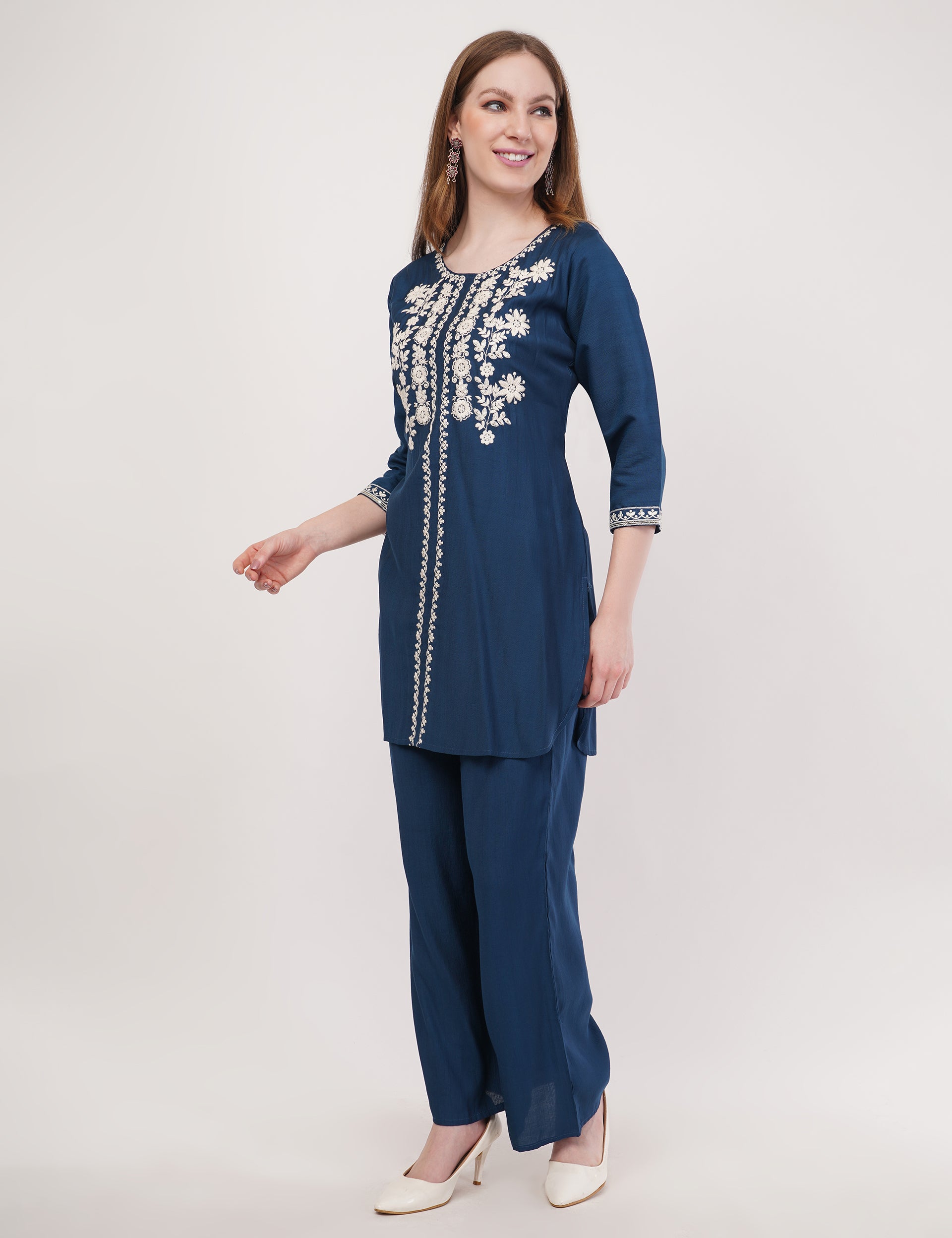 Navy Blue Ethnic Co-Ord Set With White Embroidery - Set Of 2