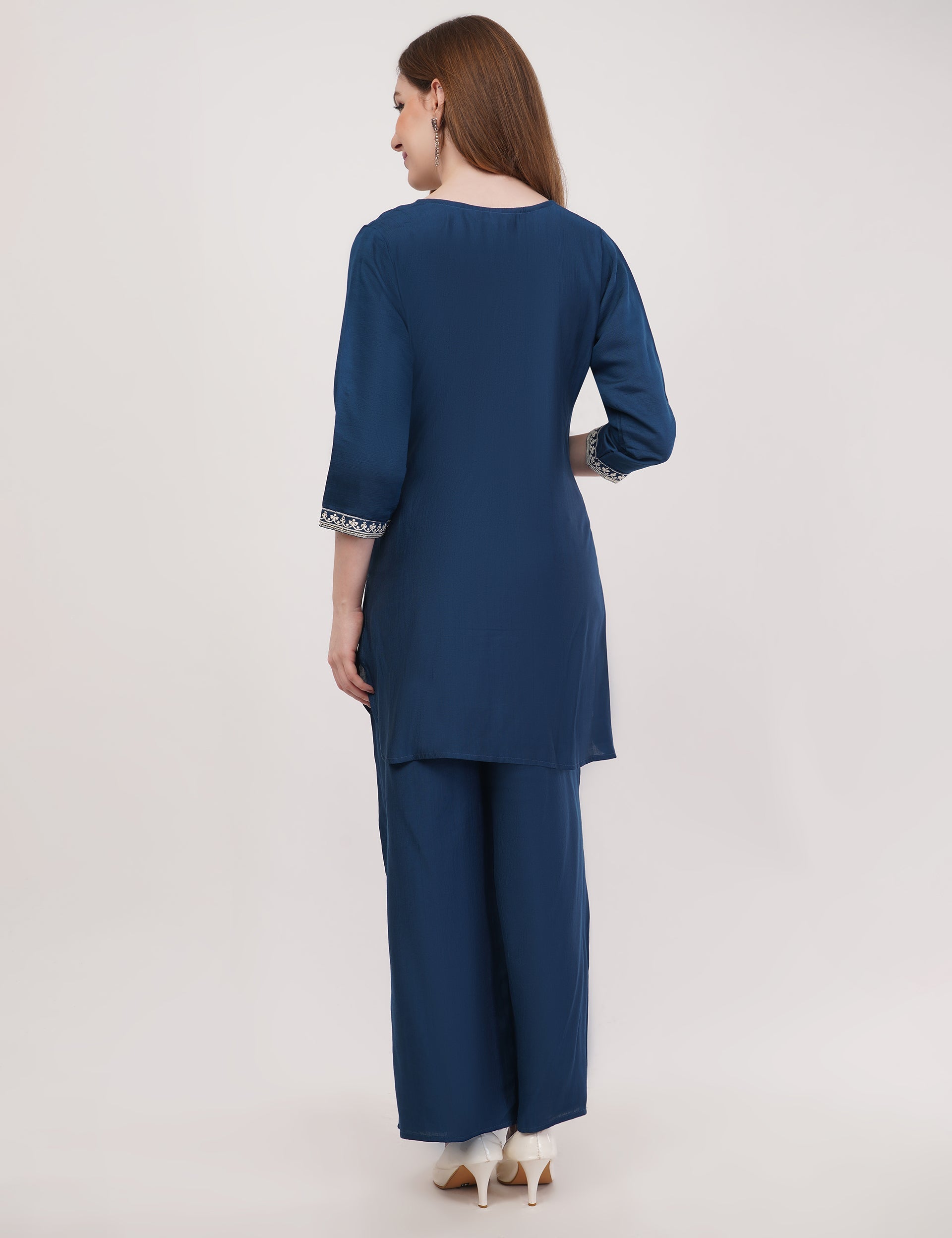 Navy Blue Ethnic Co-Ord Set With White Embroidery - Set Of 2