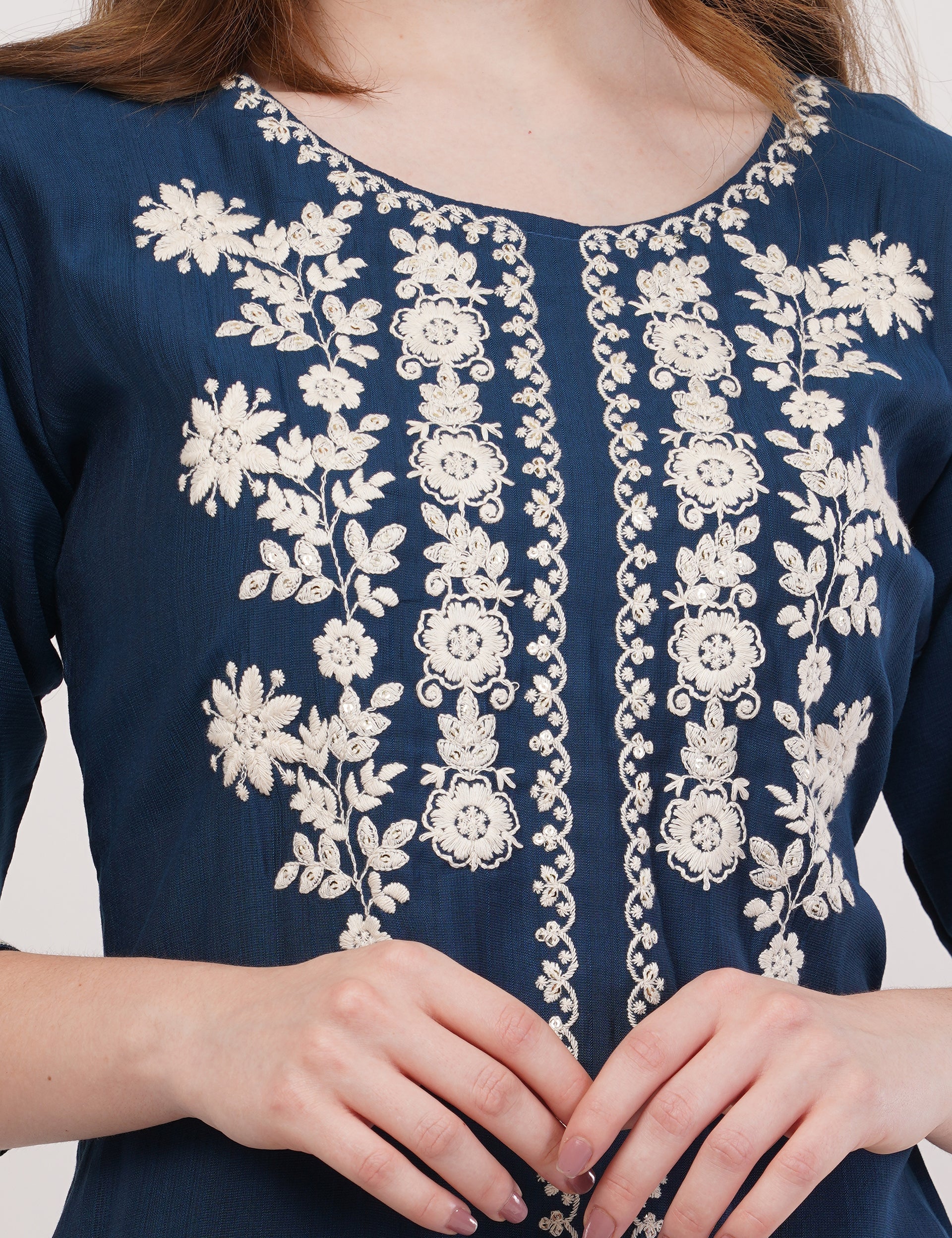 Navy Blue Ethnic Co-Ord Set With White Embroidery - Set Of 2