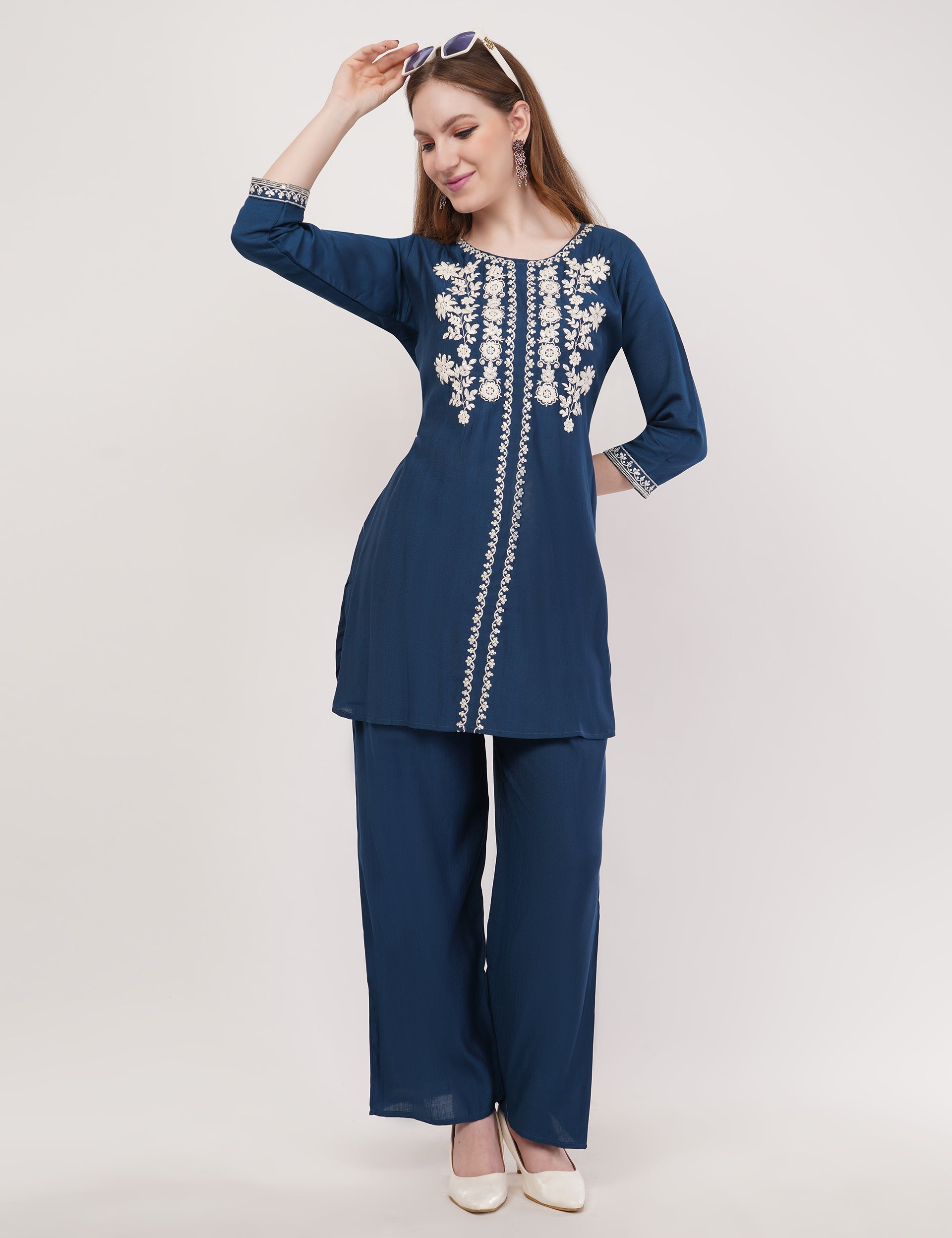 Navy Blue Ethnic Co-Ord Set With White Embroidery - Set Of 2