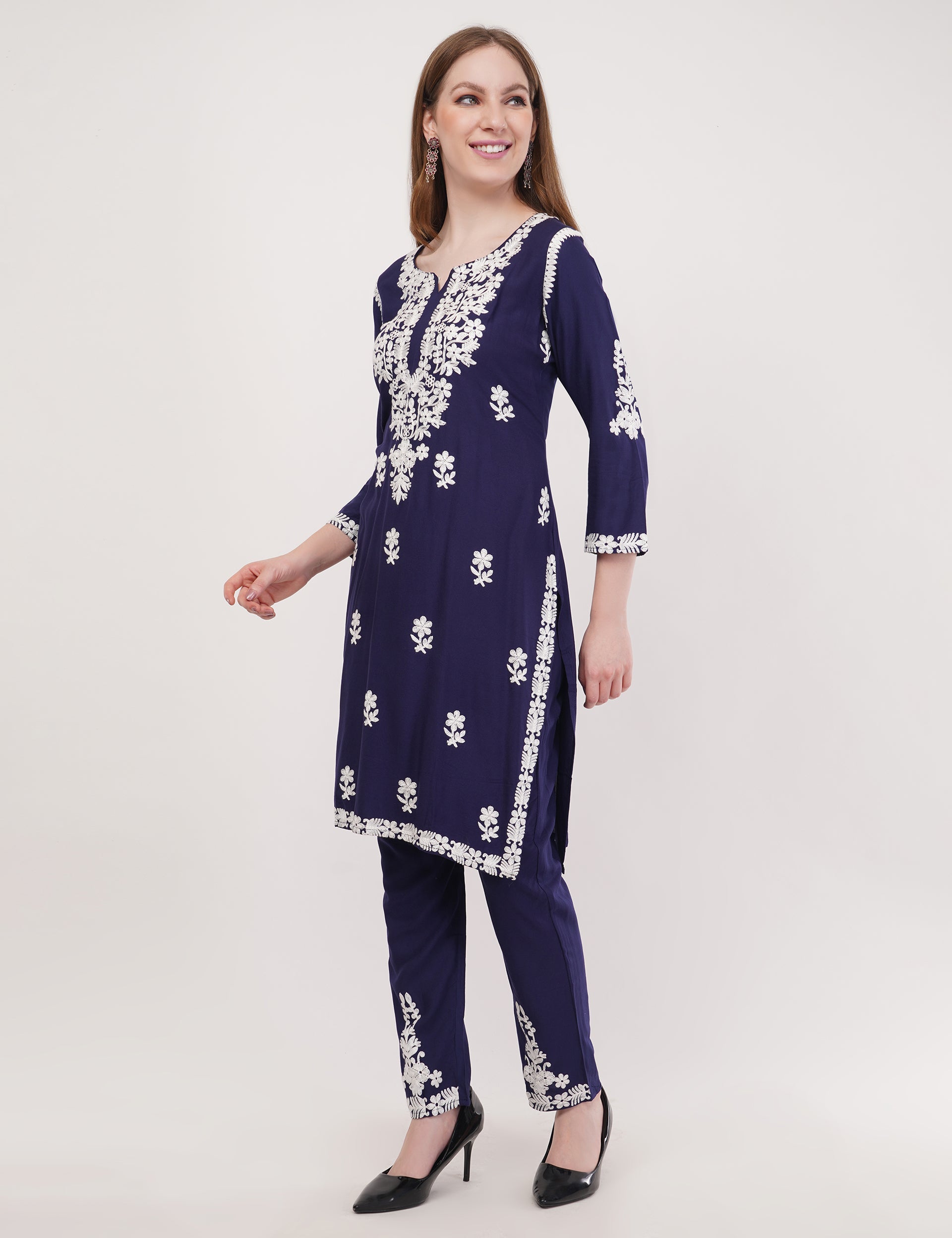 Navy Blue Ethnic Kurti Co-Ord Set With White Embroidery - Set Of 2