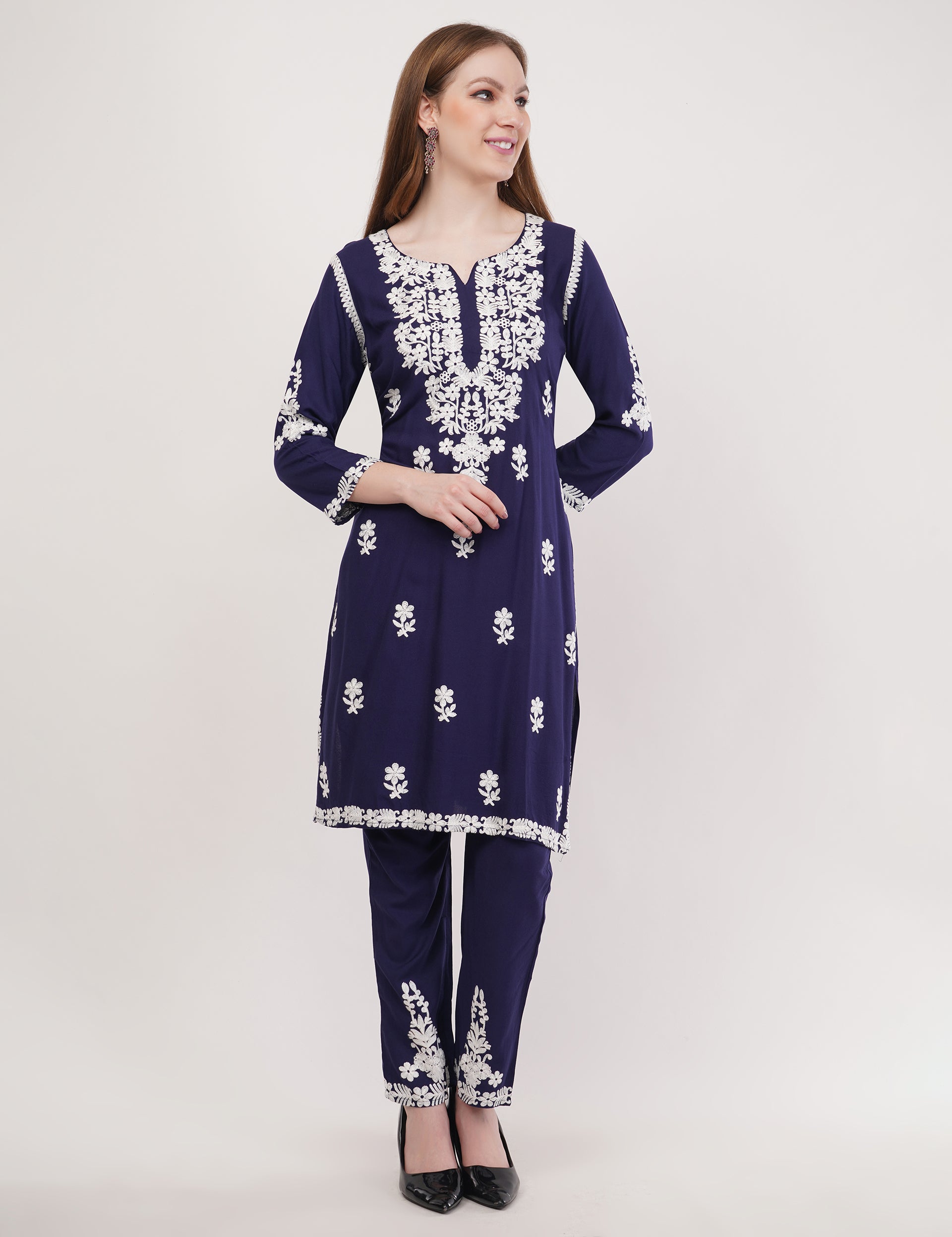 Navy Blue Ethnic Kurti Co-Ord Set With White Embroidery - Set Of 2