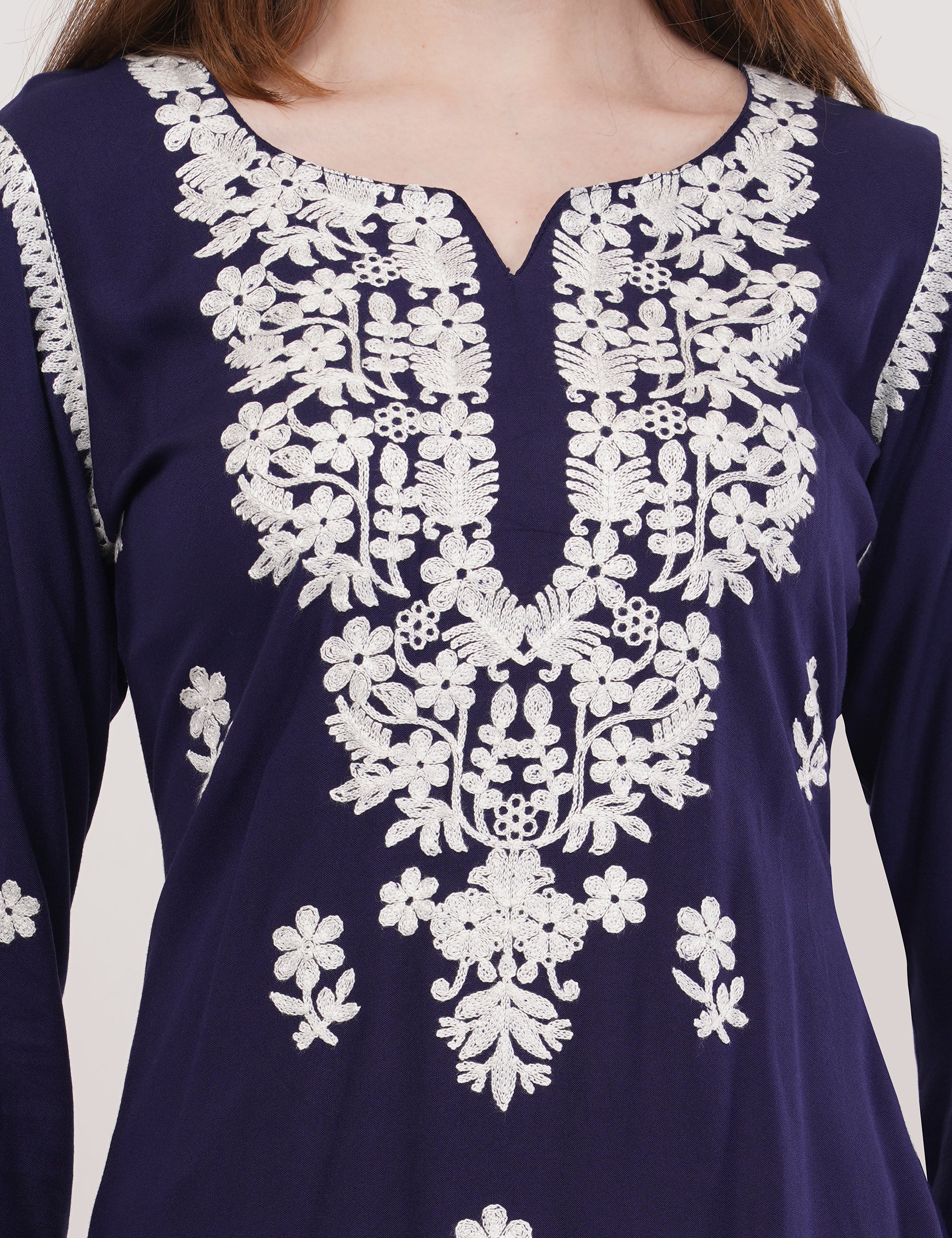 Navy Blue Ethnic Kurti Co-Ord Set With White Embroidery - Set Of 2