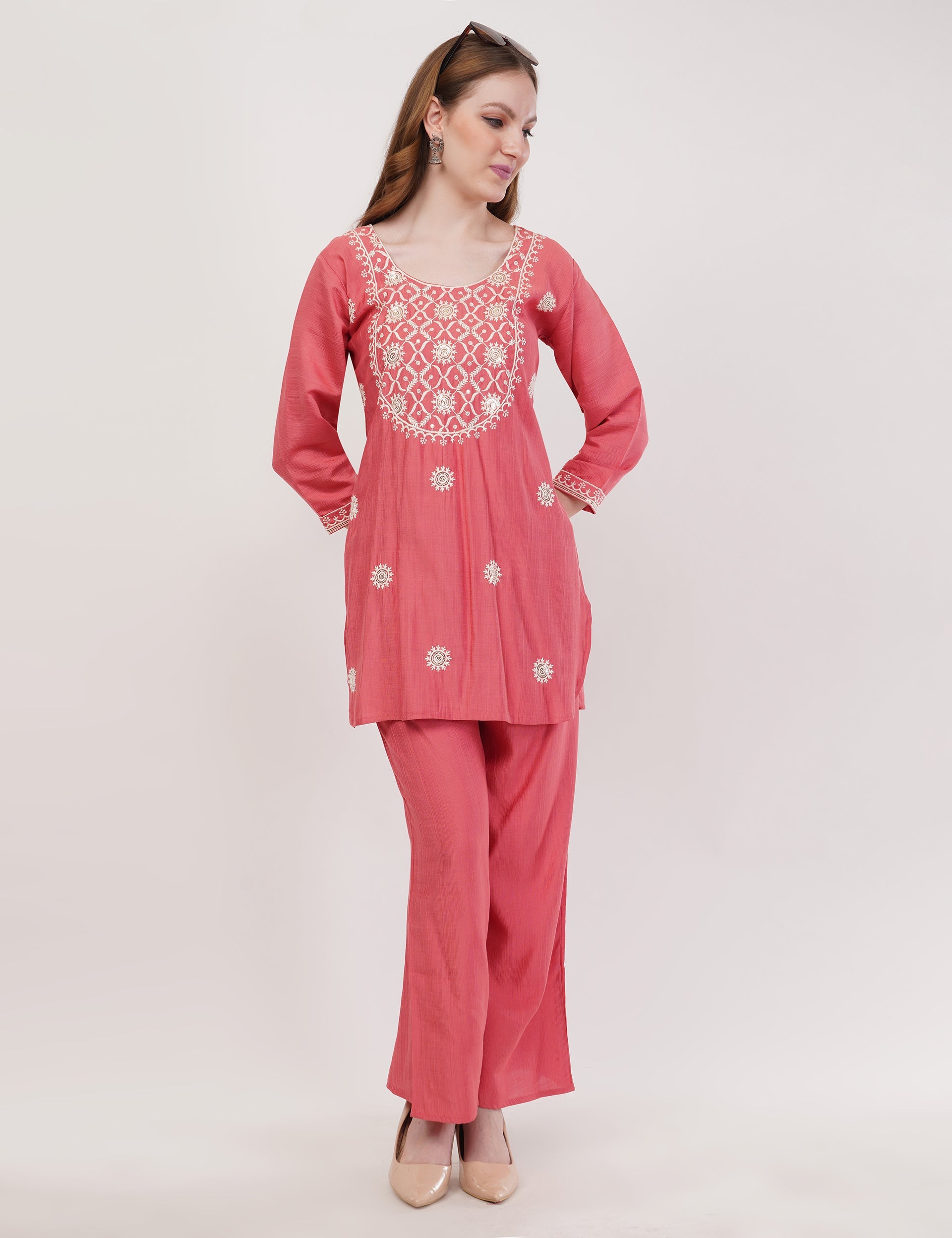 Pink Ethnic Co-Ord Set With White Embroidery - Set Of 2