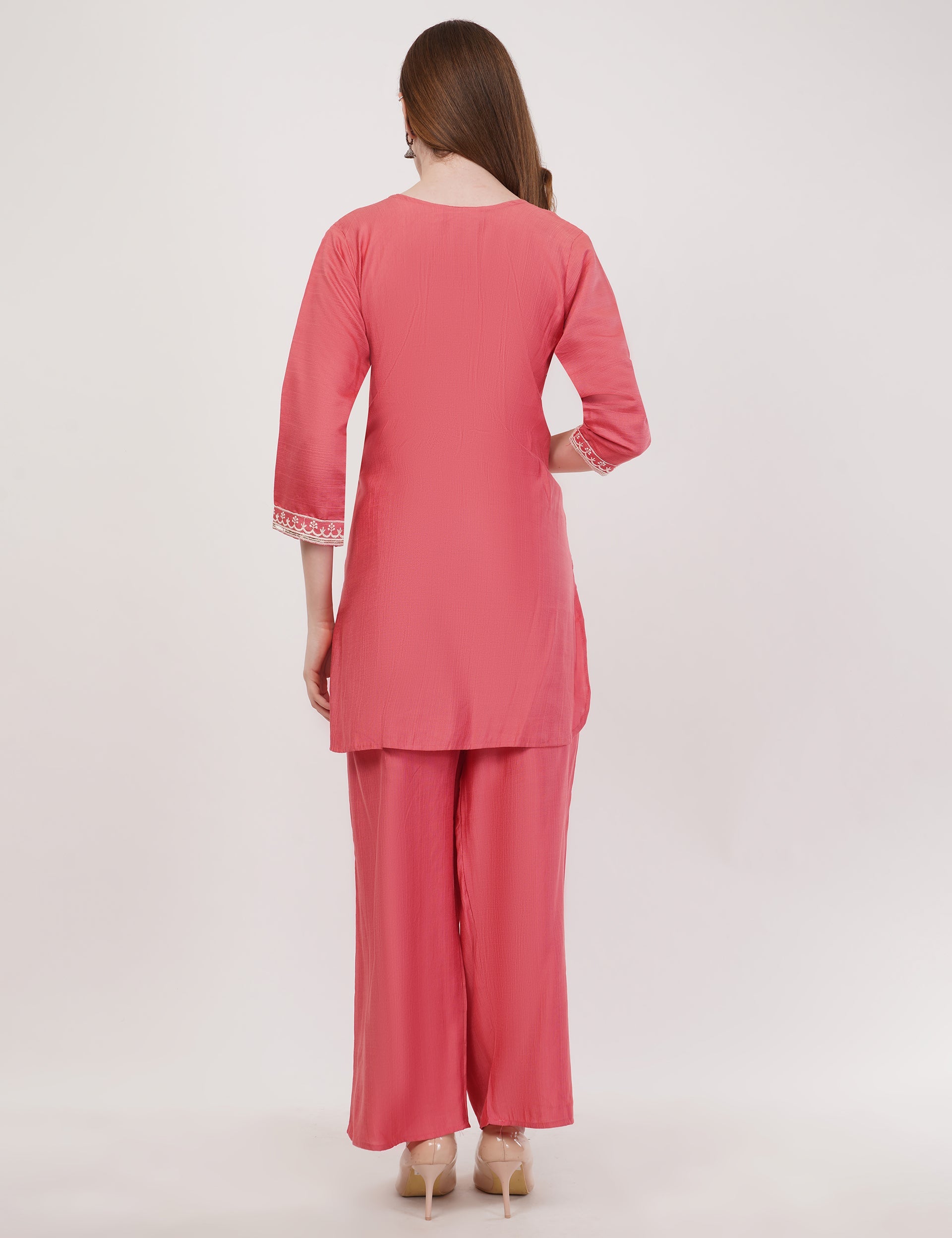 Pink Ethnic Co-Ord Set With White Embroidery - Set Of 2