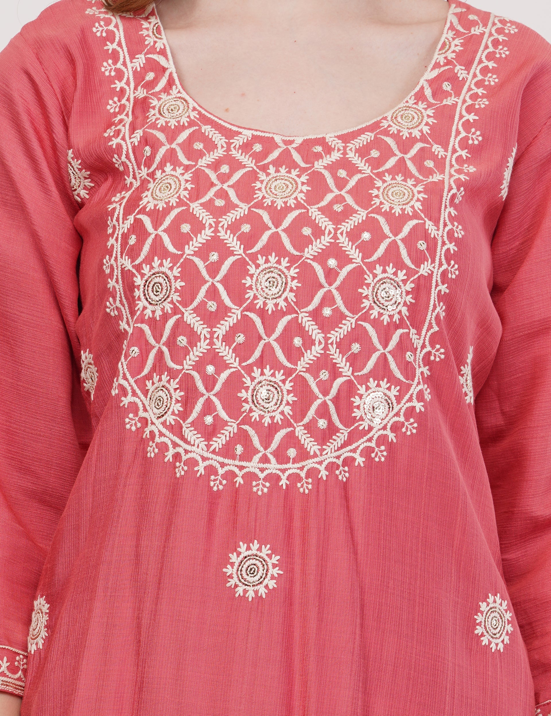 Pink Ethnic Co-Ord Set With White Embroidery - Set Of 2