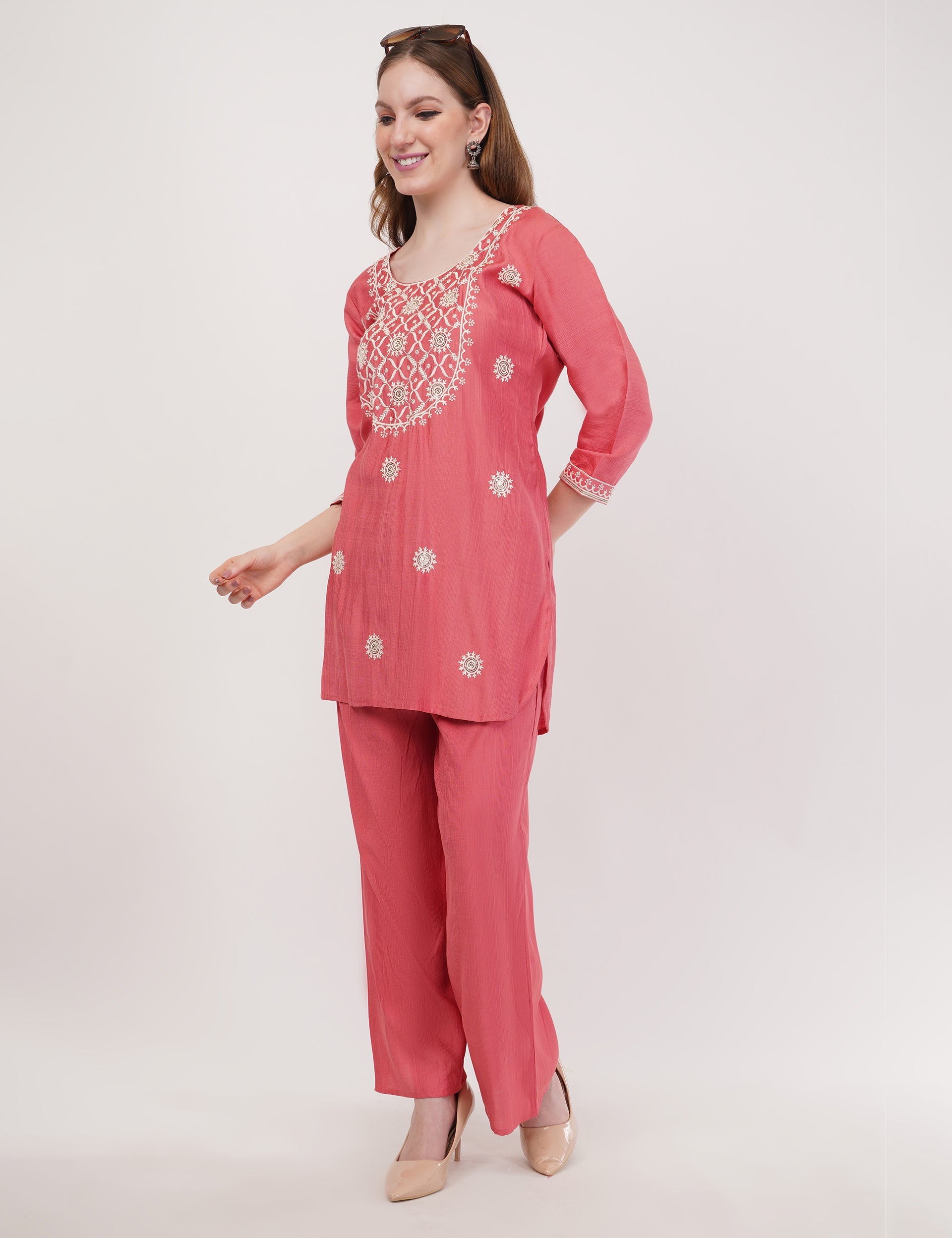 Pink Ethnic Co-Ord Set With White Embroidery - Set Of 2