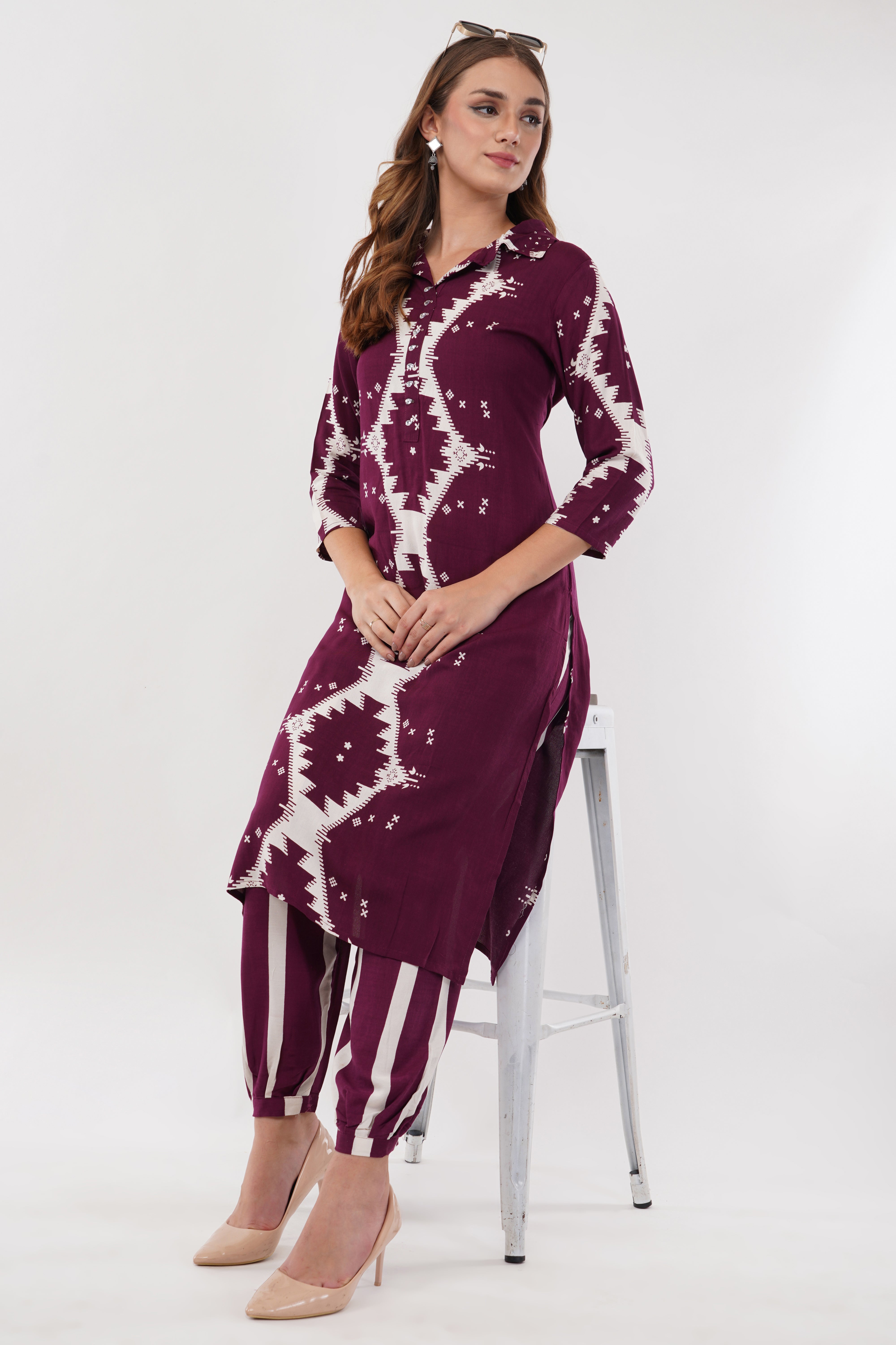 Abstract Print Ethnic Wine Co-Ord Set With Embroidered Neck Placket - Set Of 2