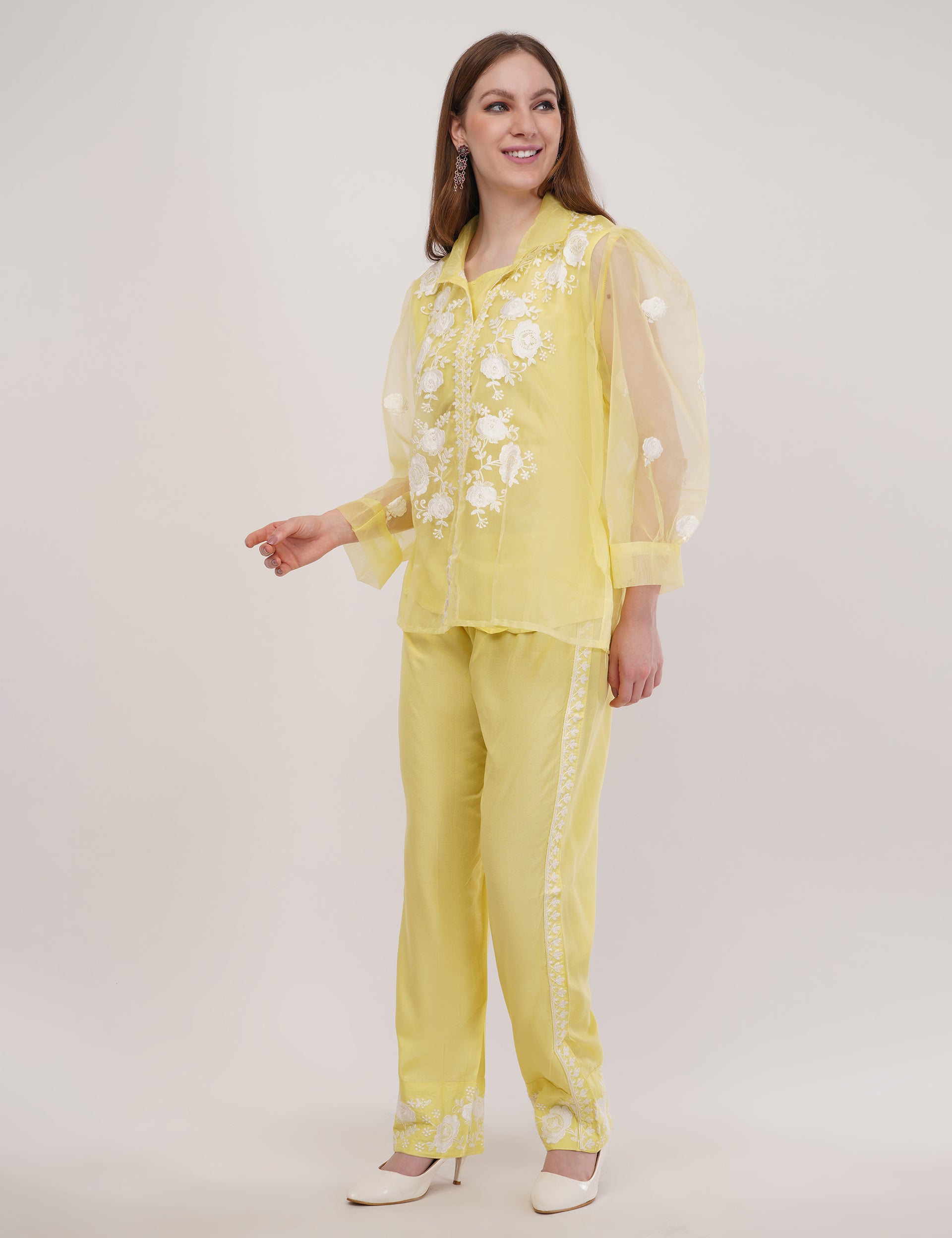 Yellow Embroidered Organza Co-Ord Set - Set Of 3