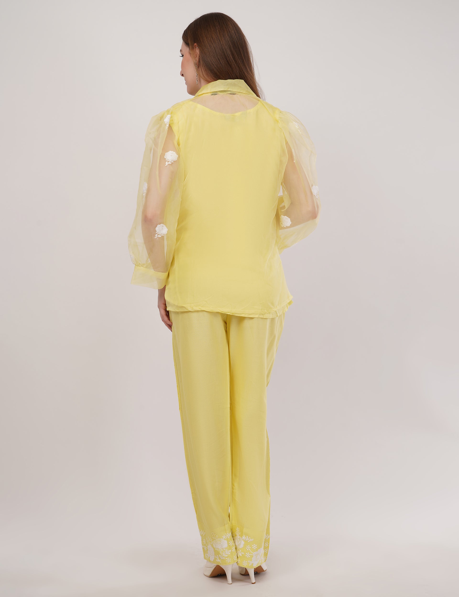 Yellow Embroidered Organza Co-Ord Set - Set Of 3