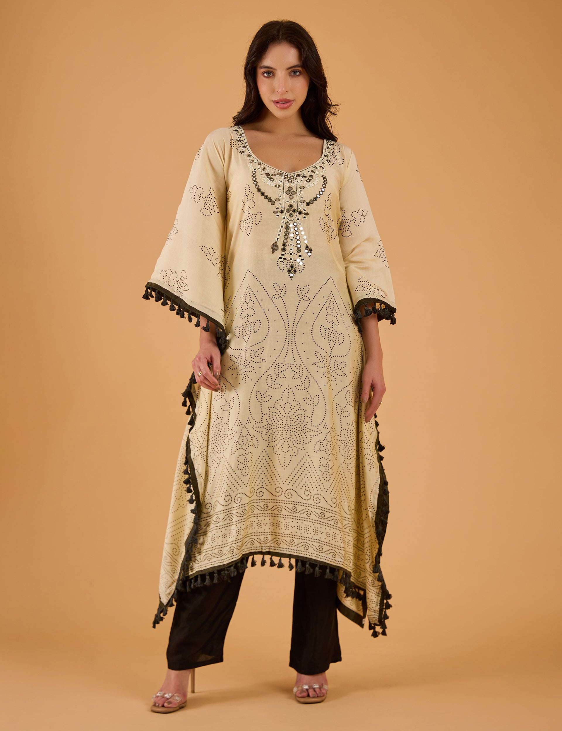 dhartii Off-White Ethnic Print Silk Fusion Kaftan