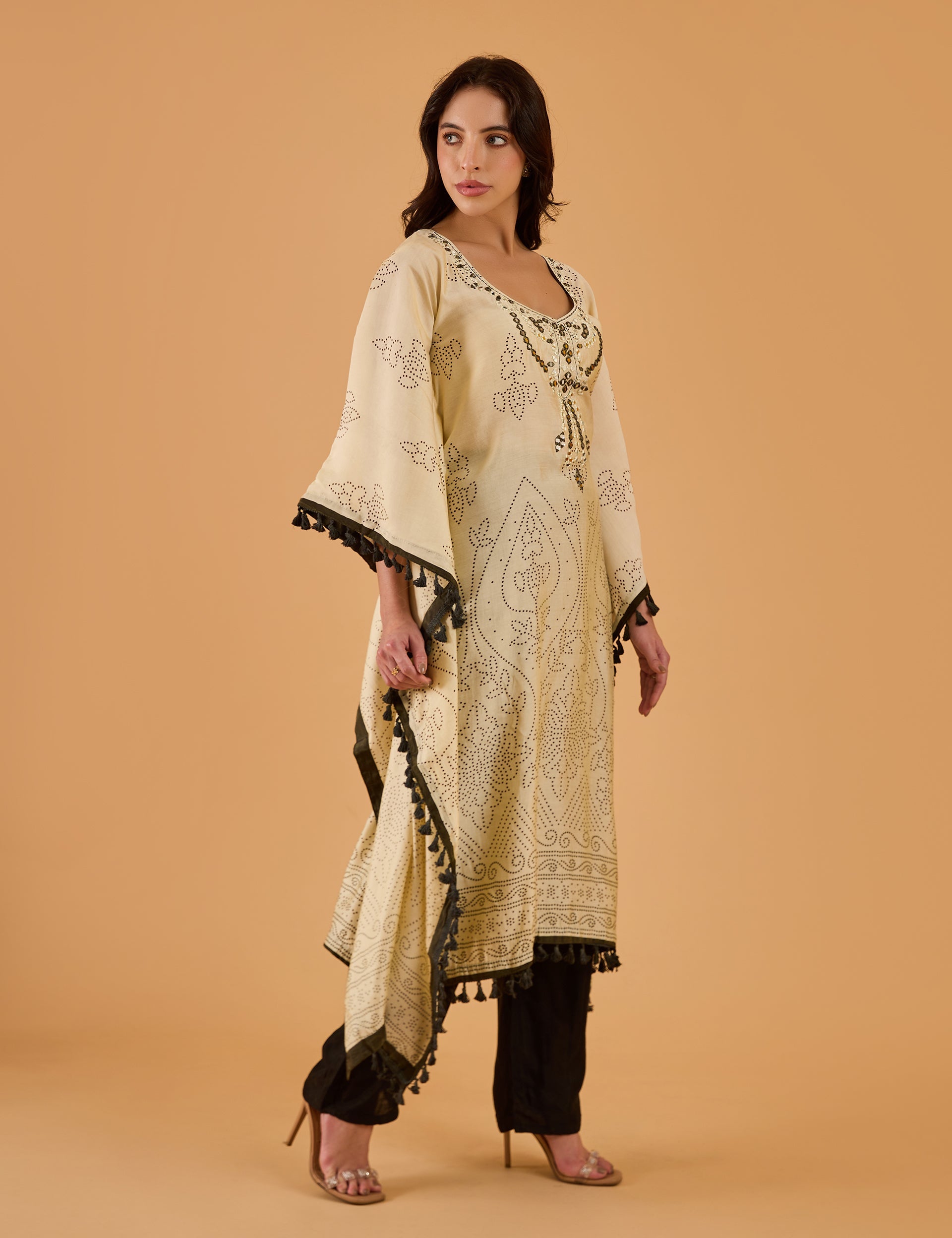 dhartii Off-White Ethnic Print Silk Fusion Kaftan