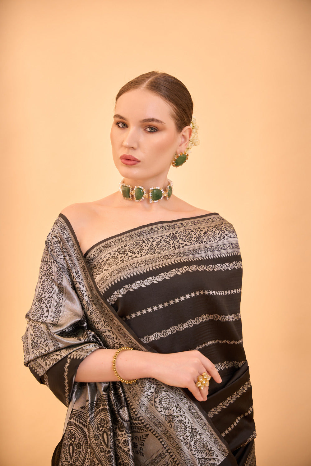 Black Banarasi Silk Saree with Intricate Silver Motifs