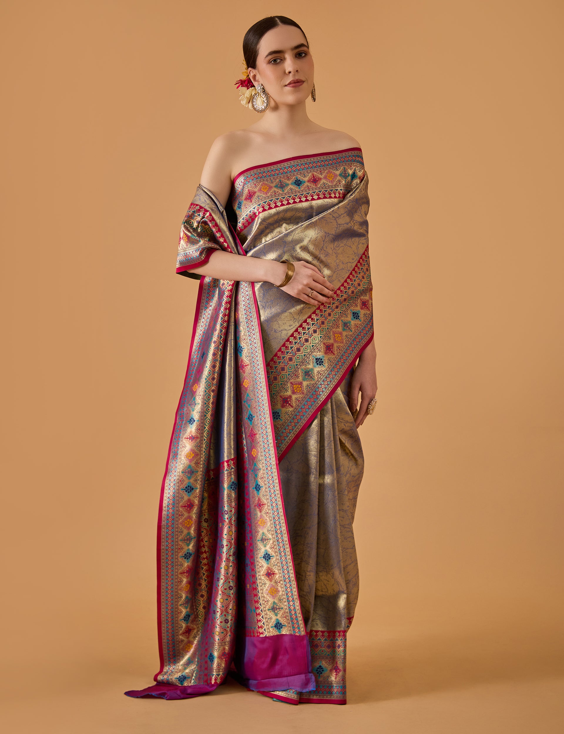dhartii Stone Blue Jacquard Solid Silk Blend Saree