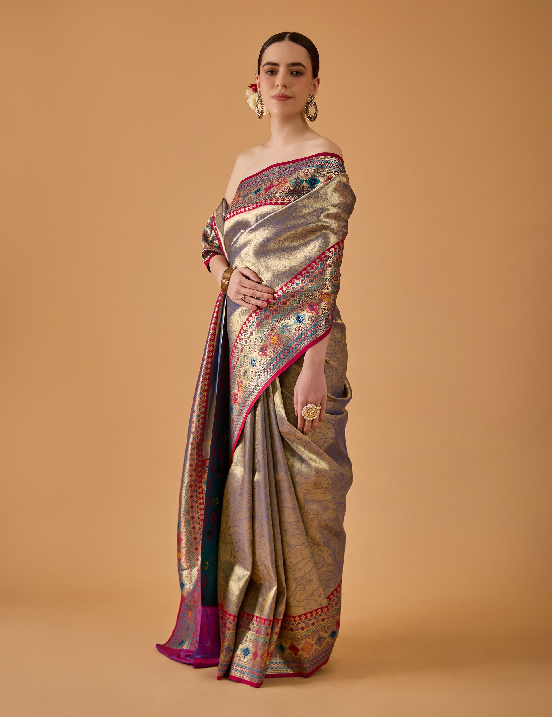 dhartii Stone Blue Jacquard Solid Silk Blend Saree