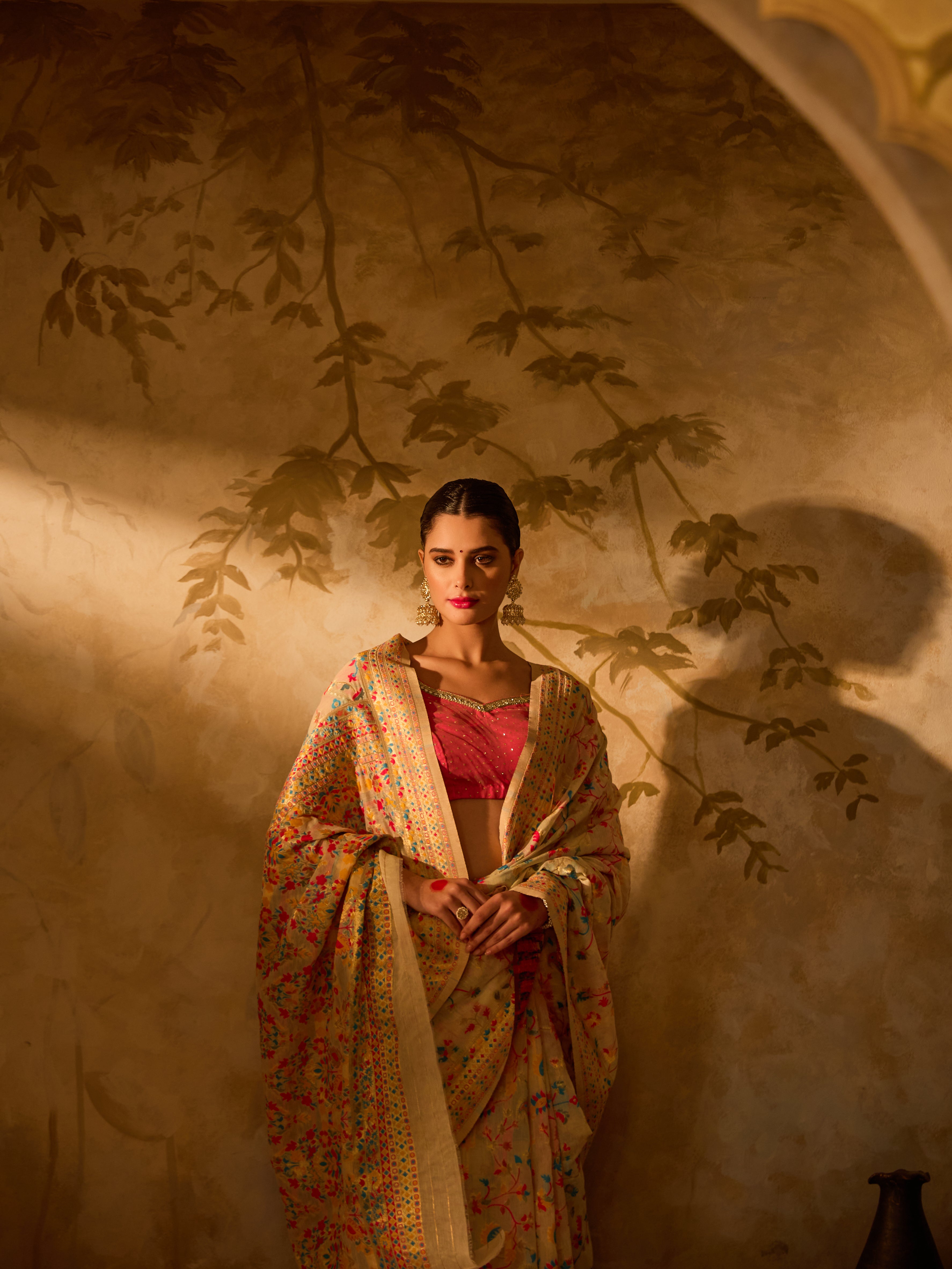 Off White Kashmiri Weaving Silk Saree With Intricate Multicolor Floral Patterns