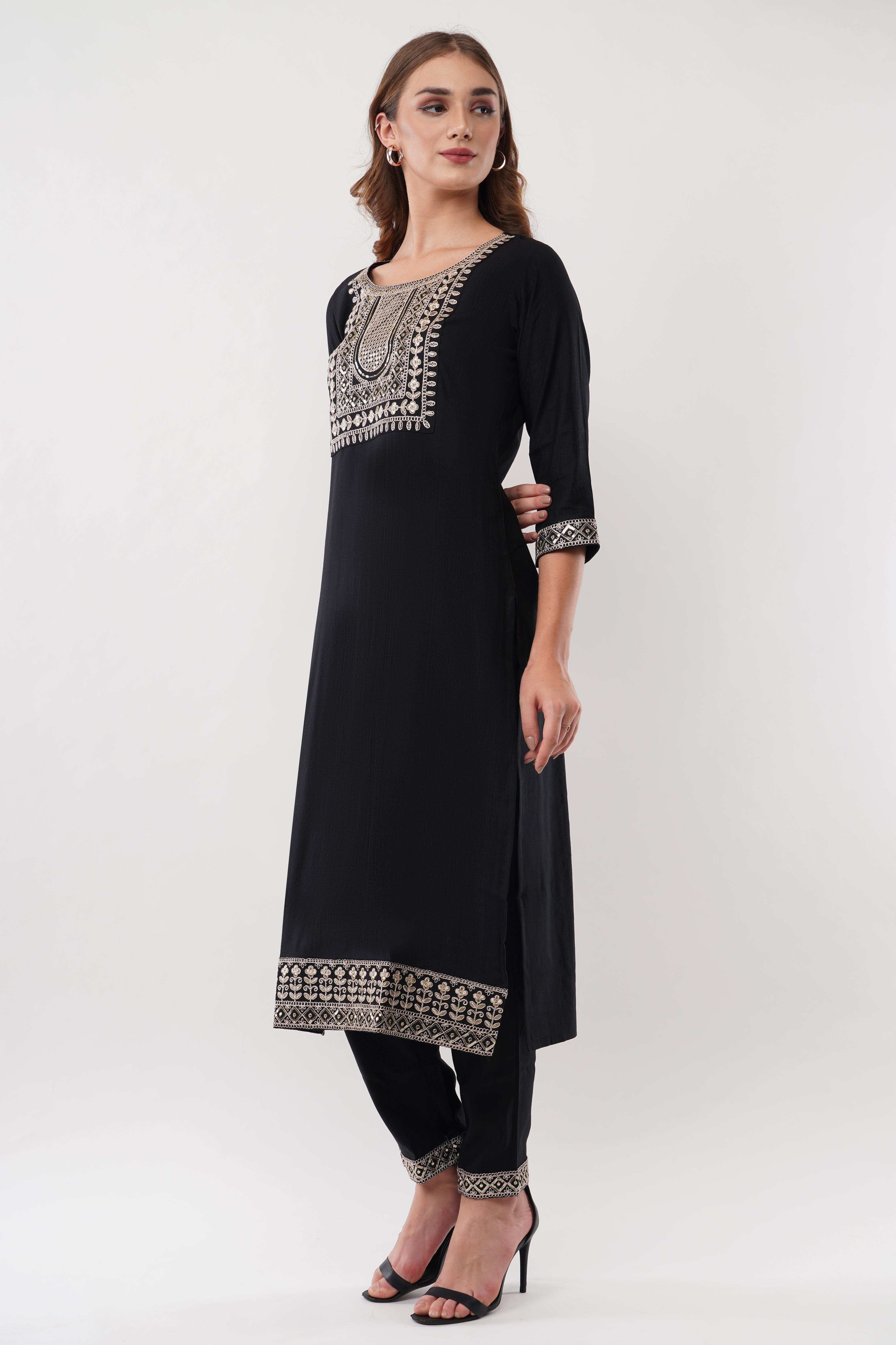 Black Silk Straight Suit With Dupatta - Set Of 3