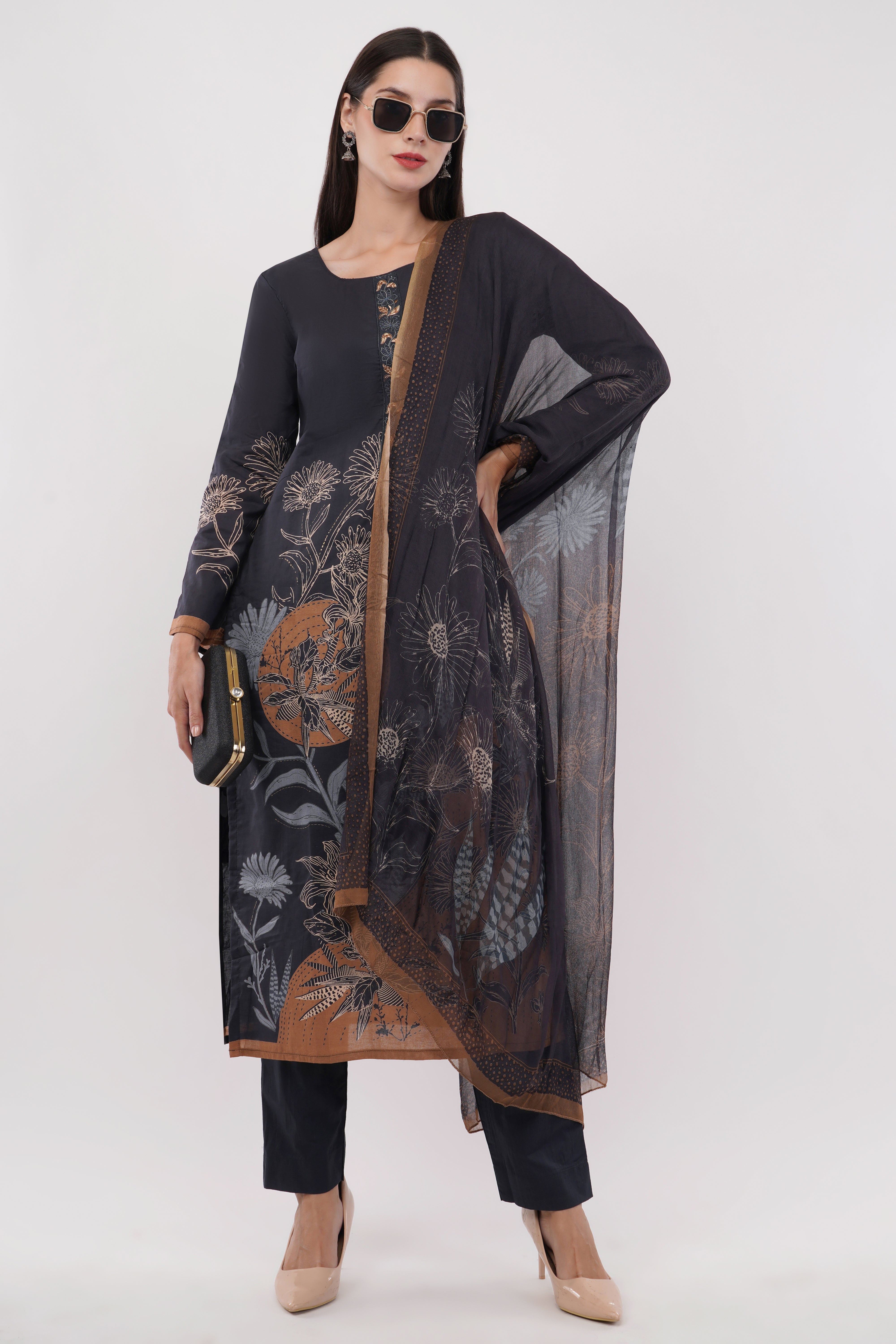 Printed & Embroidered Black Suit Set - Set Of 3