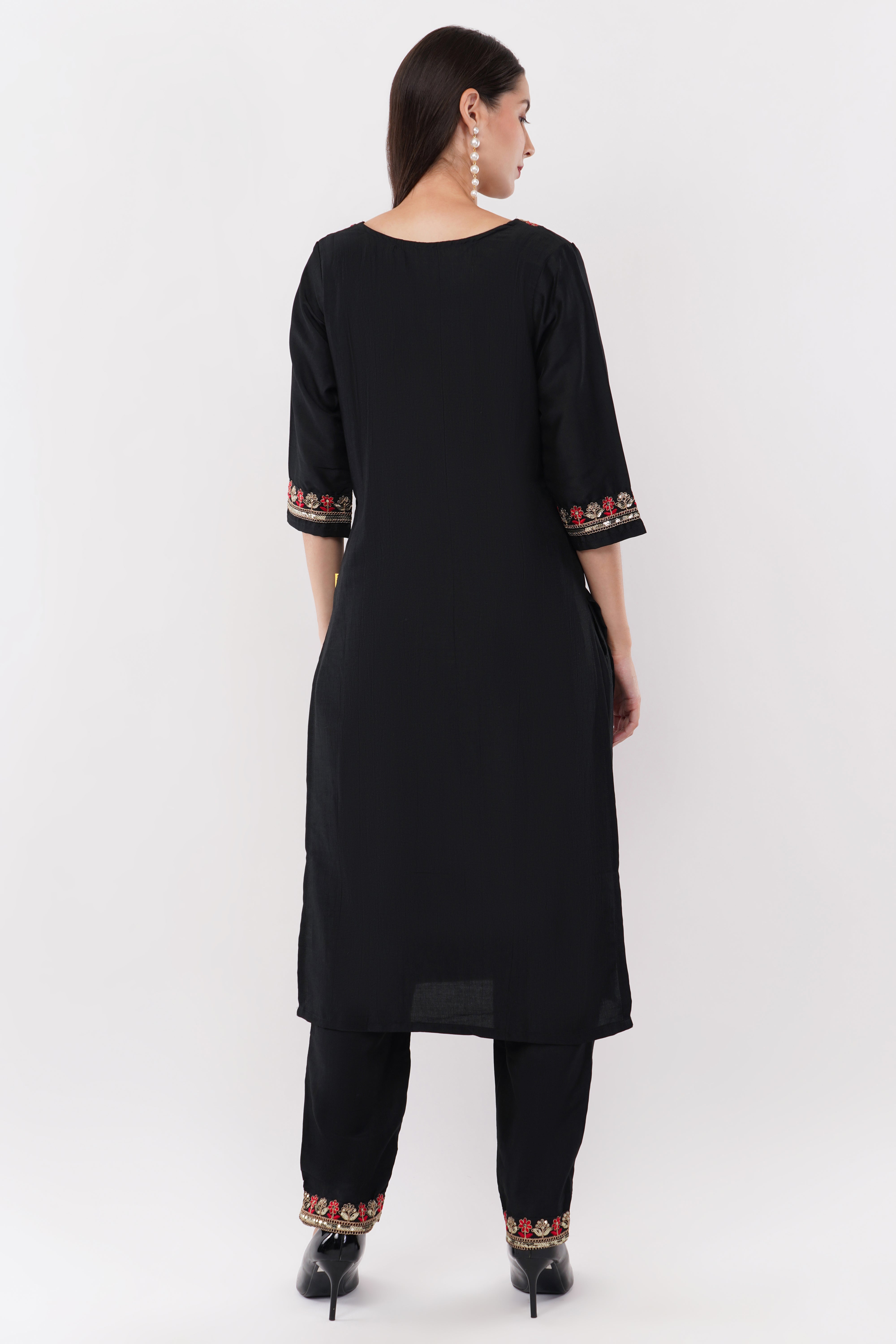Black Embroidered Suit Set With Dupatta - Set Of 3