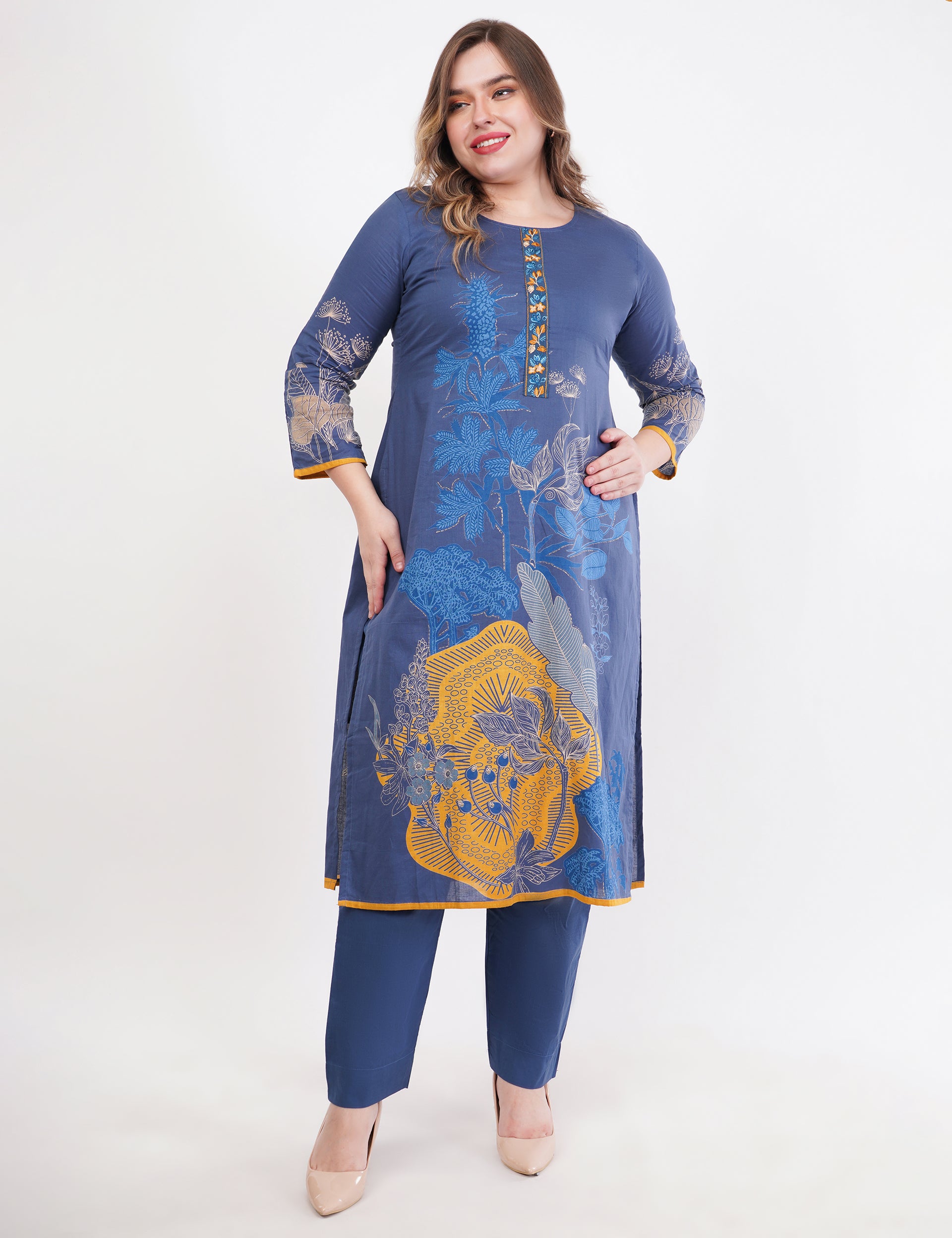 Printed & Embroidered Blue Suit Set - Set Of 3