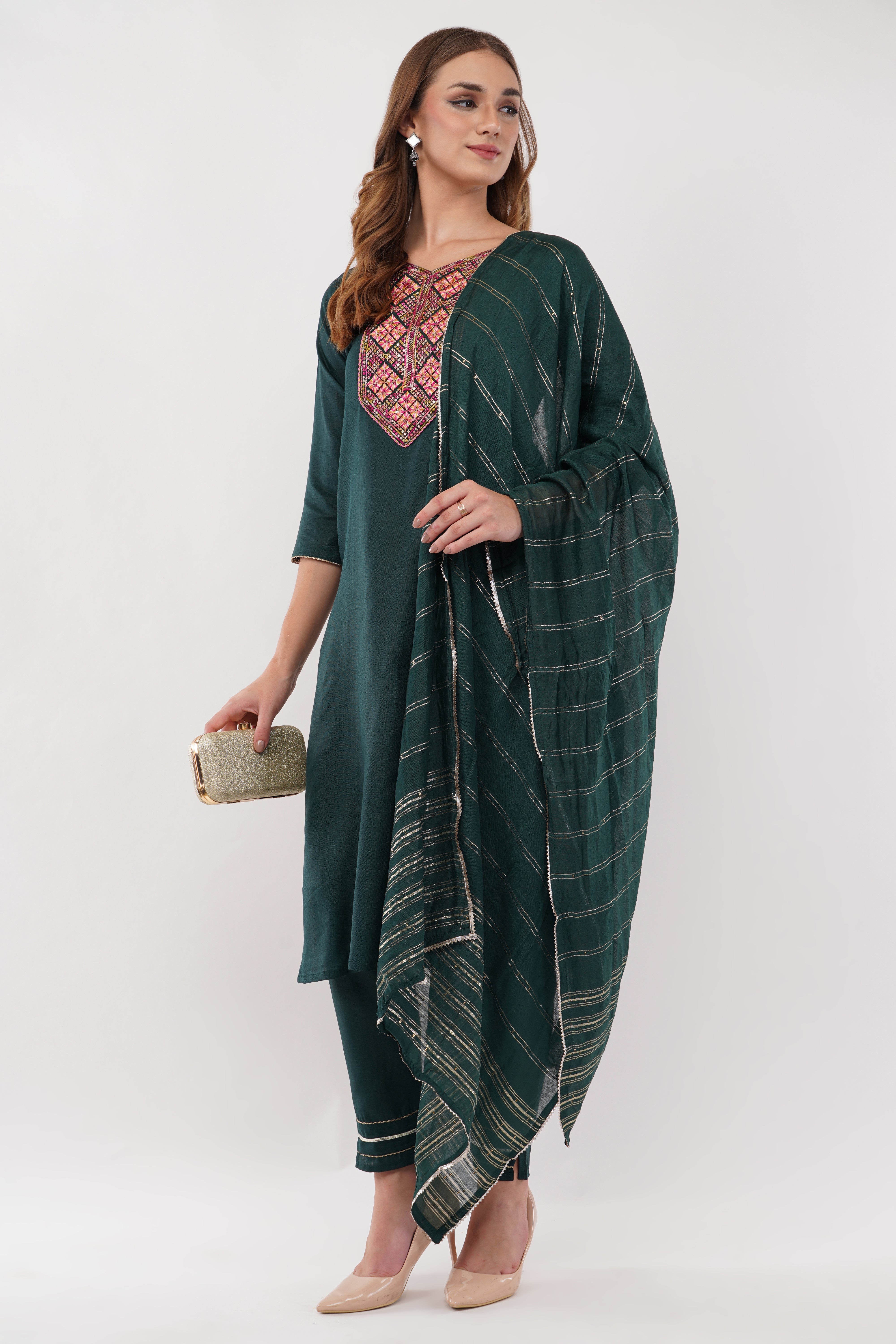 Dark Green Cotton Fabric Suit Set With Embroidered Yoke - Set Of 3