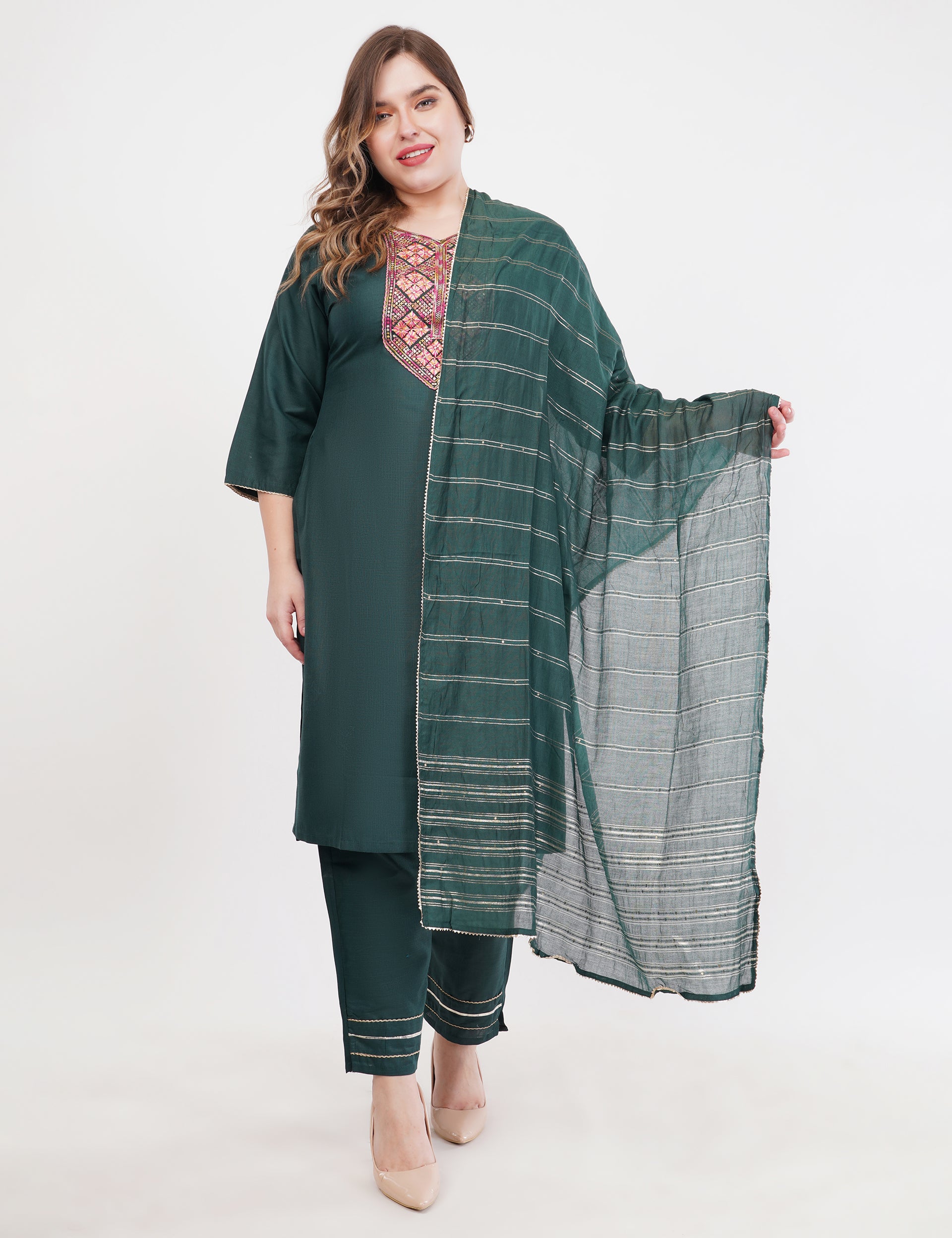 Dark Green Cotton Fabric Suit Set With Embroidered Yoke - Set Of 3